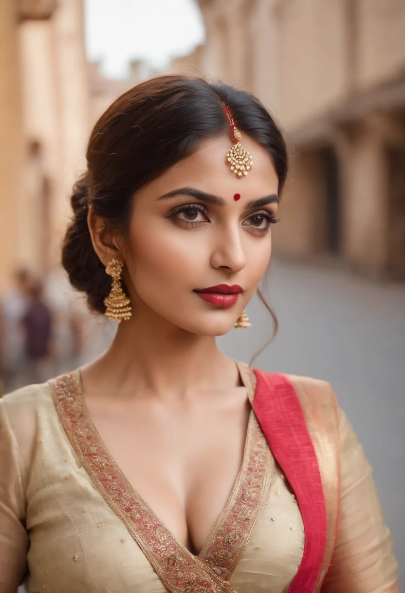 In traditional indian dress, seductive pose, standing in street, wearing deep neck blouse, hands on boobs, showing cleavage, french kiss