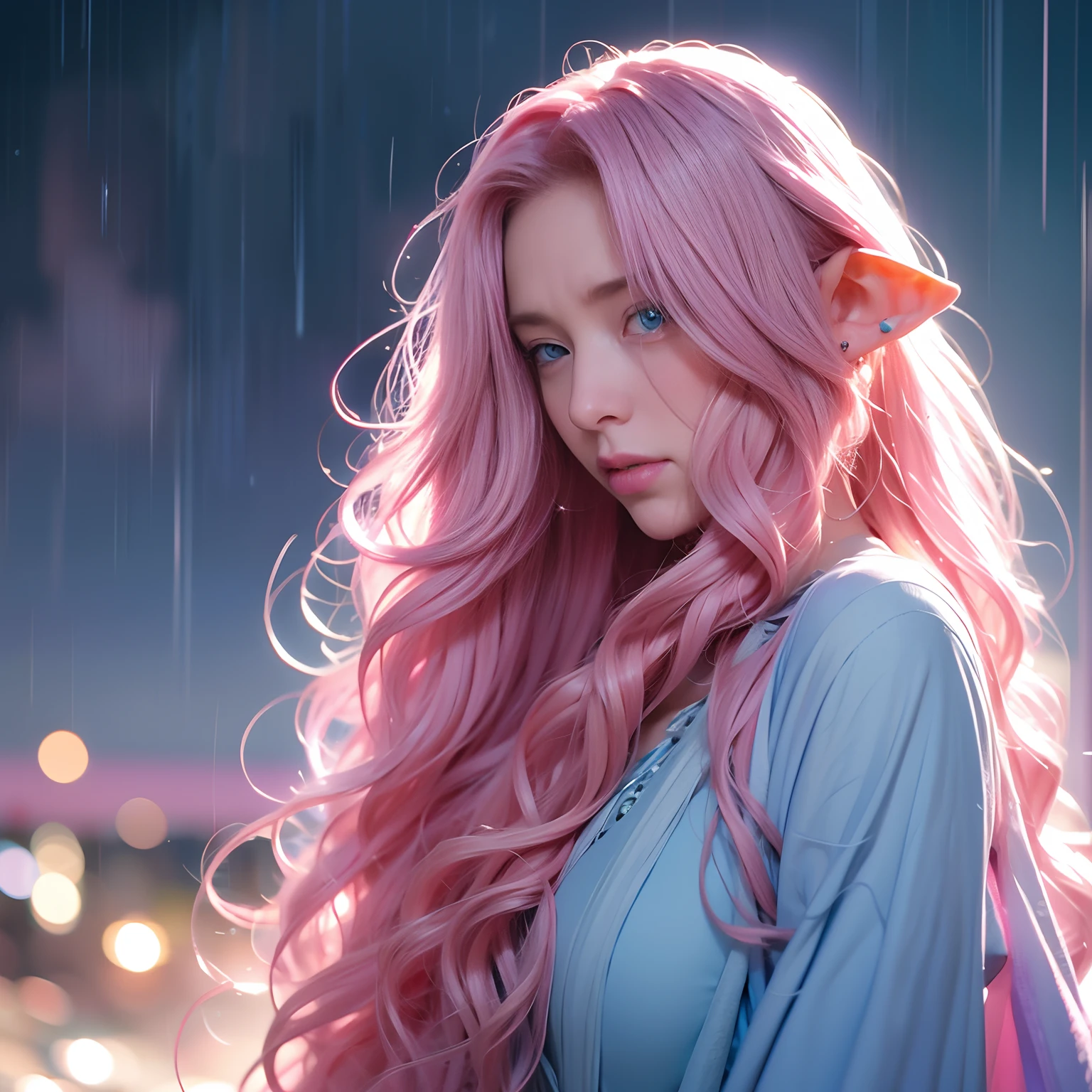 Elf, 1 woman, long curly hair, pink hair, blue eyes, crying, sad, raining, night, moon