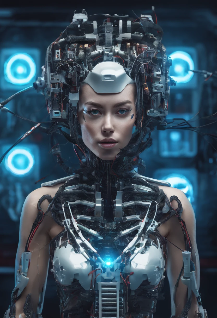 Cyborg Woman, ((Clear Glass body, Glowing Eyes))), Electronic Systems inside body clear to see, Detailed Brain in Sight, Detailed connection wire, mechanical limbs, tubes connected to the mechanical parts, mechanical vertebrae attached to the spine, mechanical cervical attachment to the neck, wires and cables connecting to the head, (((Led on a surgical Bed))), (((Cables Connecting to Monitors))), (((machine installing parts to the head))) | Biopunk | Cybernetics | Cyberpunk | | Canon M50| 100mm| Sharp Focus | Hyperrealism | Very detailed| Intricate Details | Full Body View, small glowing LED lamps, Bright Red Neon Highlights, global lighting, deep shadows, Octane Rendering, 8K, Ultra Sharp, Metal, Intricate Ornament Details, baroque details, Very intricate details, realistic light, CGSoation trend, facing the camera, neon details, (android manufactory in background)
