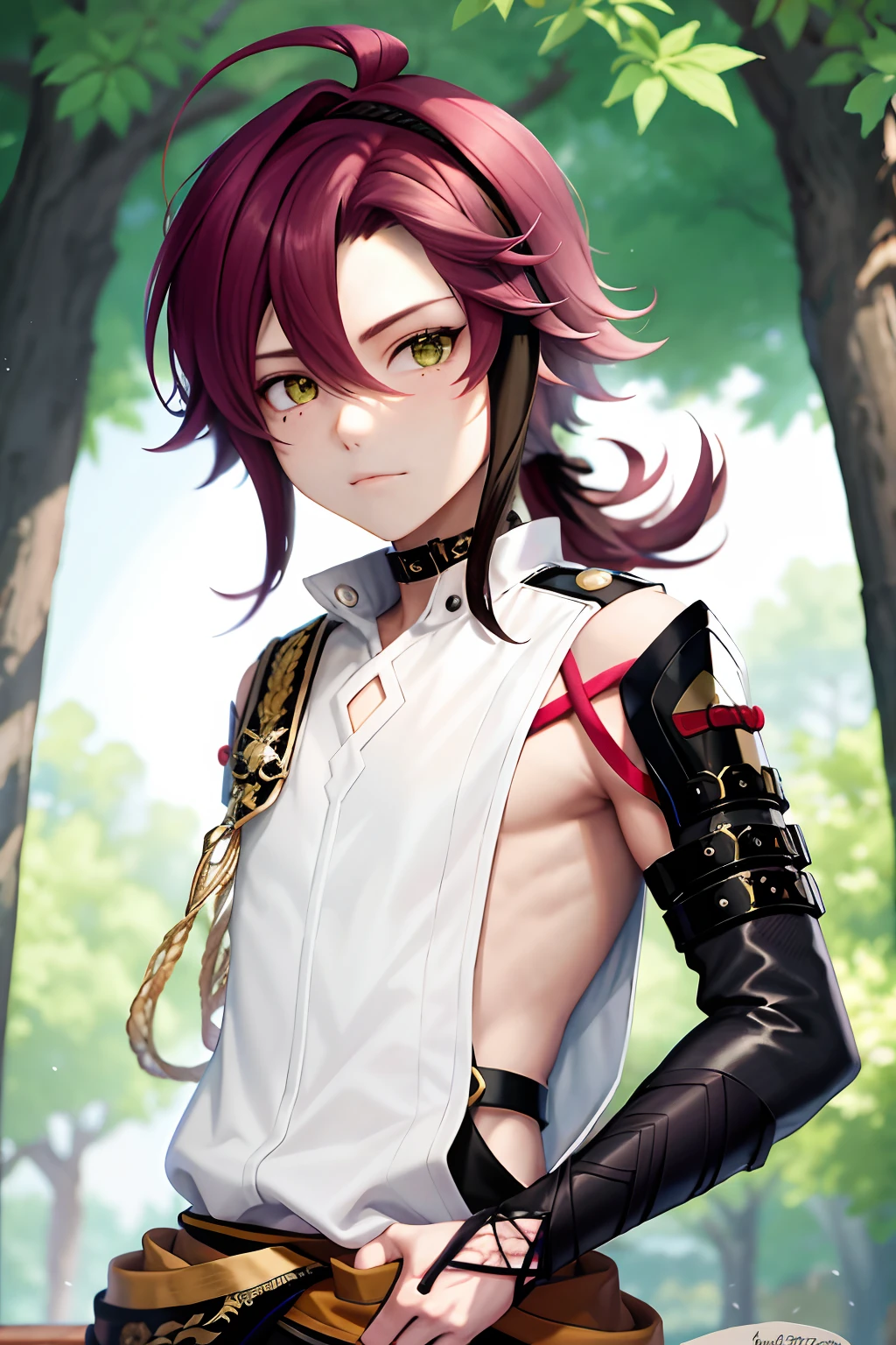 masterpiece, best quality,Shikanoin Heizou (genshin impact), 1boy, male focus, kurokote, green eyes, kote, multicolored hair, mole under eye, red hair, solo, mole, black choker, japanese armor, looking at viewer, choker, armor, streaked hair, aiguillette, sleeveless, ahoge, long hair, low ponytail,(kbxll:0.6)