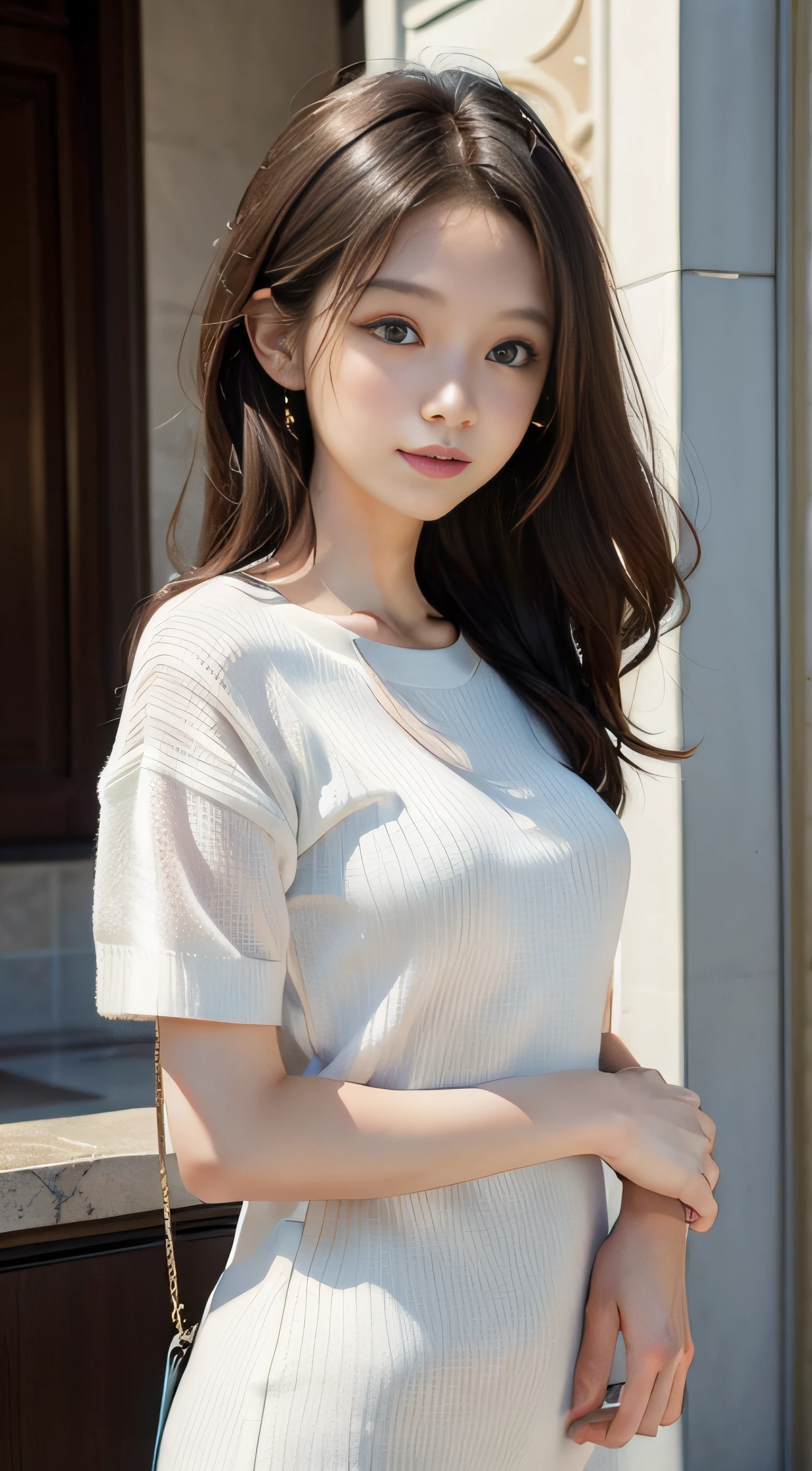 ((sfw: 1.4)), ((detailed face, professional photography)), ((sfw, Blouse, skirt, from behind, 1 Girl)), Ultra High Resolution, (Realistic: 1.4), RAW Photo, Best Quality, (Photorealistic Stick), Focus, Soft Light, ((15 years old)), ((Japanese)), (( (young face))), (surface), (depth of field), masterpiece, (realistic), woman, bangs, ((1 girl))