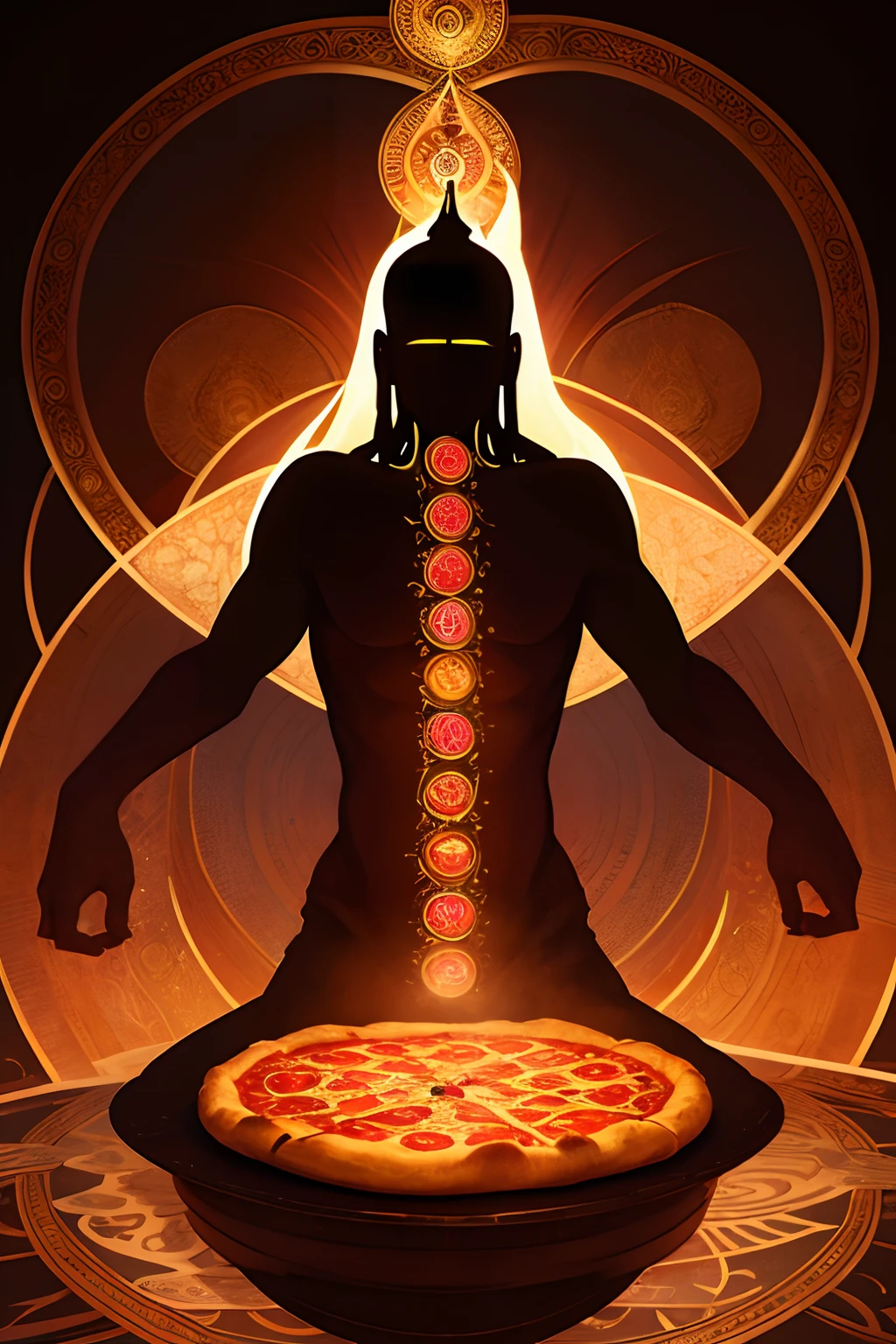 soul samadhi, spiritual world, divine message, prana, chakra, kundalini, silhouette, innards seen through skin, 8K, masterpiece, top quality, the best picture in the whole of history, incredible, and pizza