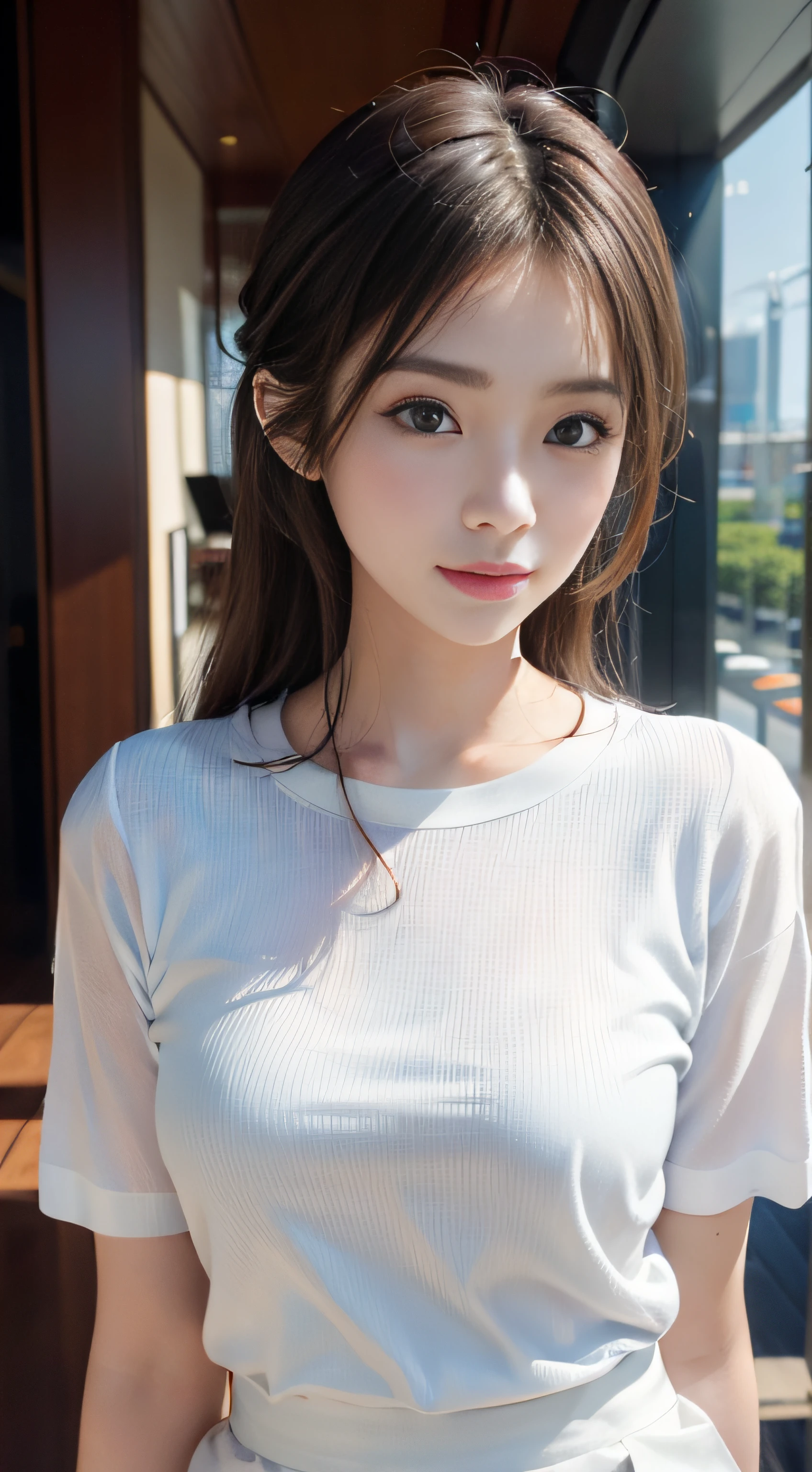 masterpiece、Top image quality:1.2、((beautiful young woman with))、Transparent skin:1.2、{A slight smil}、(kawaii)、Short sleeve knit、luxury hotel、depth of fields