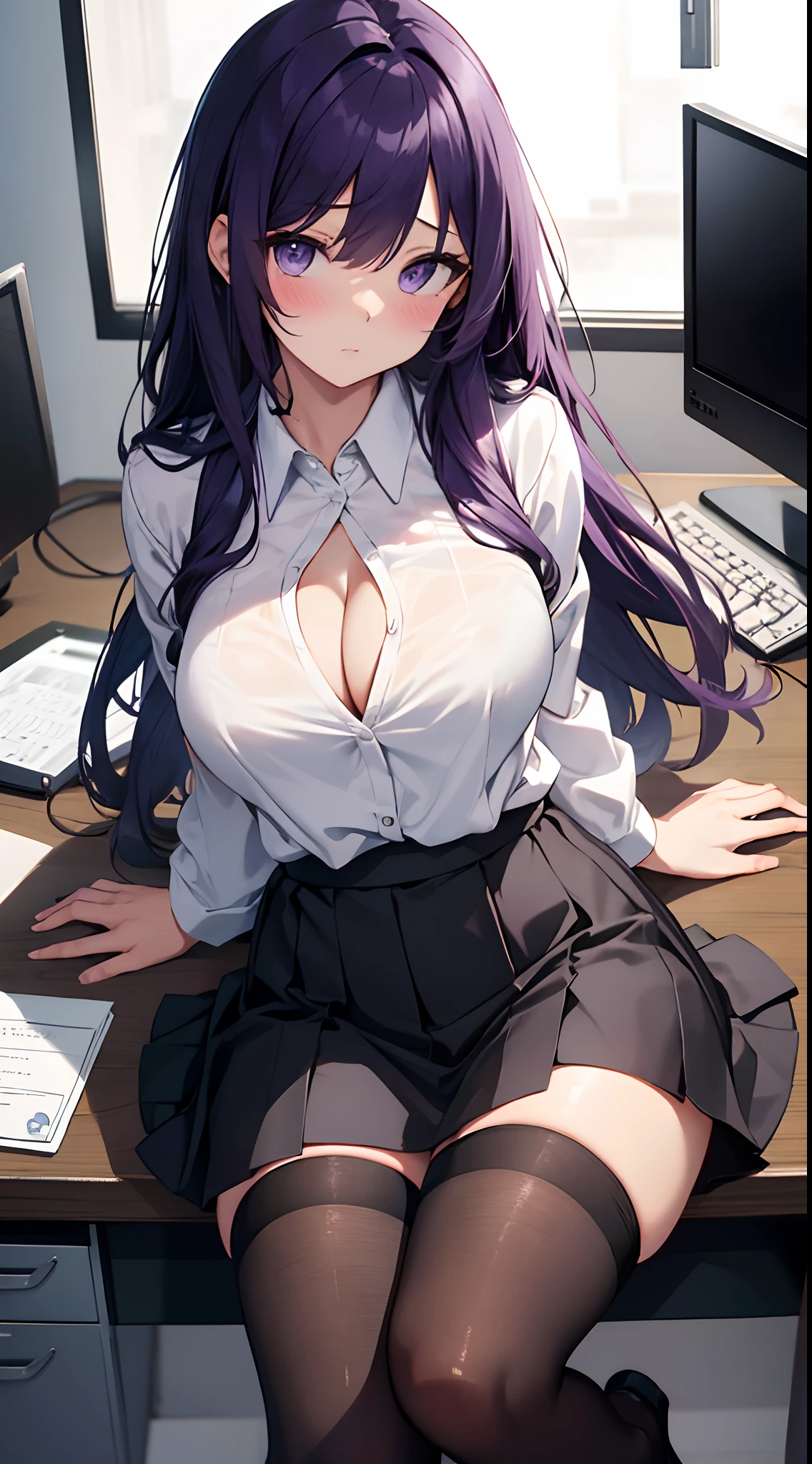 1girl in, Solo, ((White shirt)), black thighhighs, breasts, cleavage, uniform, Office Background, Black slit skirt,(Black pantyhose),Office,Large breasts, Looking at Viewer, Purple hair, Solo, thighs thighs thighs thighs, thighs thighs thighs thighs, Very long hair, ((masutepiece)), Sitting, Chair, desk work, Computer on desk, nametag, id tag, Indoor, blush, Sexy Pose,