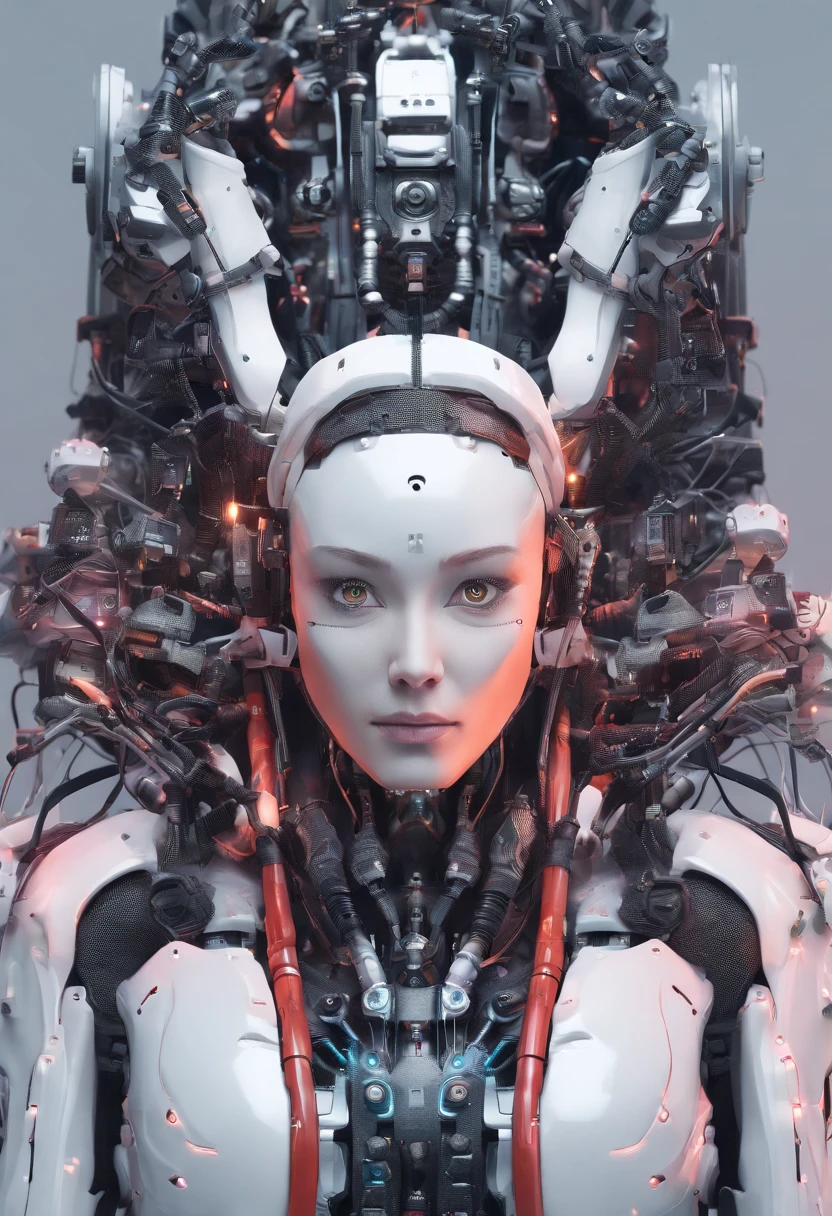 Cyborg Woman, (((Half Female Face, Half Robot Skull))), (((Flesh-colored skin))), Electronic Systems On-Head Humanoids, Detailed Brain in Sight, Detailed connection wire, mechanical limbs, tubes connected to the mechanical parts, mechanical vertebrae attached to the spine, mechanical cervical attachment to the neck, wires and cables connecting to the head, (((Led on a surgical Bed))), (((Cables Connecting to Monitors))), (((machine installing parts to the head))) | Biopunk | Cybernetics | Cyberpunk | | Canon M50| 100mm| Sharp Focus | Hyperrealism | Very detailed| Intricate Details | Full Body View, small glowing LED lamps, Bright Red Neon Highlights, global lighting, deep shadows, Octane Rendering, 8K, Ultra Sharp, Metal, Intricate Ornament Details, baroque details, Very intricate details, realistic light, CGSoation trend, facing the camera, neon details, (android manufactory in background)