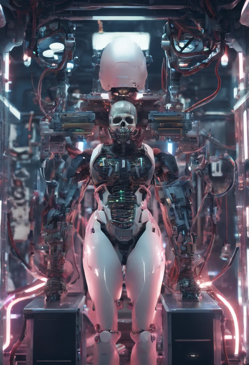 Cyborg Woman, (((Half Female Face, Half Robot Skull))), (((Flesh-colored skin))), Electronic Systems On-Head Humanoids, Detailed Brain in Sight, Detailed connection wire, mechanical limbs, tubes connected to the mechanical parts, mechanical vertebrae attached to the spine, mechanical cervical attachment to the neck, wires and cables connecting to the head, (((Led on a surgical Bed))), (((Cables Connecting to Monitors))), (((machine installing parts to the head))) | Biopunk | Cybernetics | Cyberpunk | | Canon M50| 100mm| Sharp Focus | Hyperrealism | Very detailed| Intricate Details | Full Body View, small glowing LED lamps, Bright Red Neon Highlights, global lighting, deep shadows, Octane Rendering, 8K, Ultra Sharp, Metal, Intricate Ornament Details, baroque details, Very intricate details, realistic light, CGSoation trend, facing the camera, neon details, (android manufactory in background)