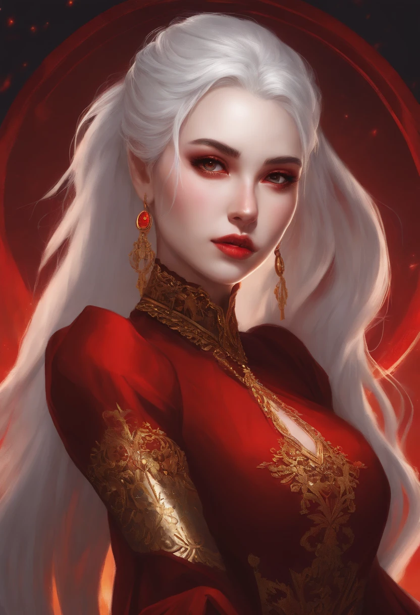 Masterpiece, high quality, HCNONE, pixel art, 1girl, white hair, ponytail, red gothic dress, simple gold color background, death stare, Eclipse background