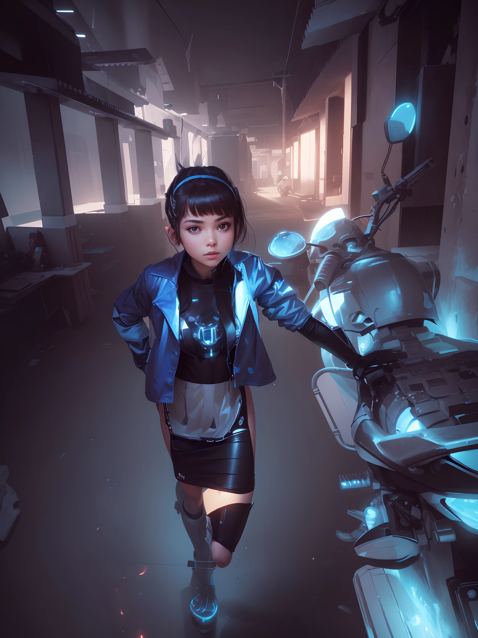 A beautiful black girl sitting inside a television set, television set on a wet surface with puddles of water reflecting the blue moon and night sky full of stars, in a dystopian city, with iridescent light, highly detailed images, vibrant beautiful colours, photorealistic image, 8k, ultra HD, unreal engine rendered, cinematic lighting, artgerm style,