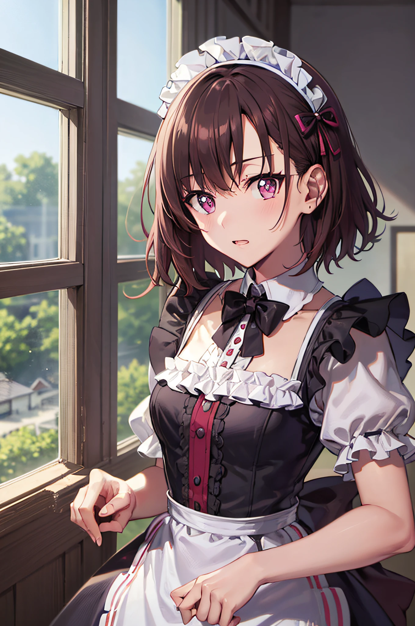 masutepiece, Best Quality, High resolution, 超A high resolution, depth of fields, Short hair, Brown hair, Pink eyes, Hairpin, (Gothic Maid, White headband), black maid uniform, White Apron, Standing, window, Skysky