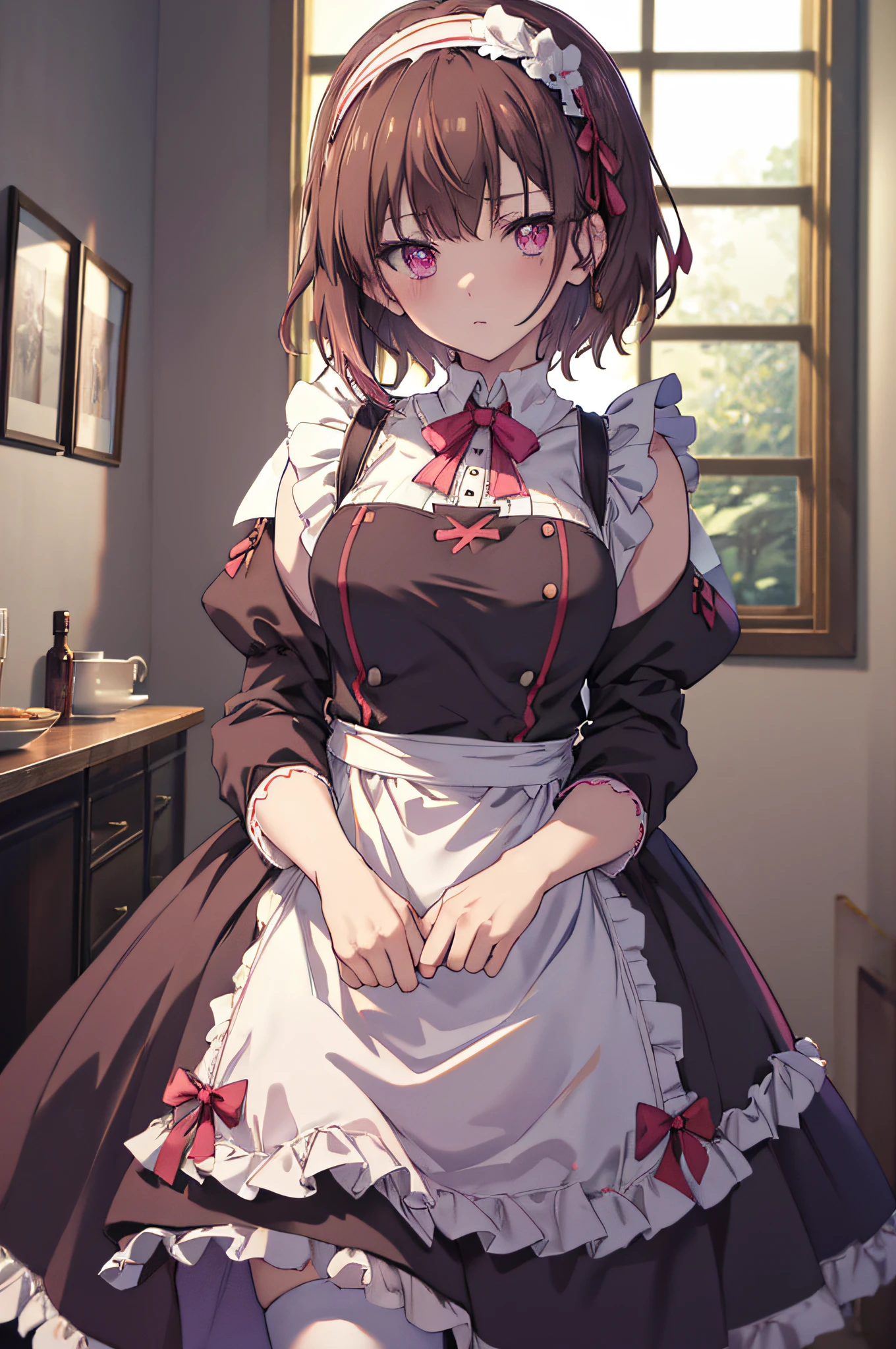 masutepiece, Best Quality, High resolution, 超A high resolution, depth of fields, Short hair, Brown hair, Pink eyes, Hairpin, (Gothic Maid, White headband), black maid uniform, White Apron, Standing, window, Skysky