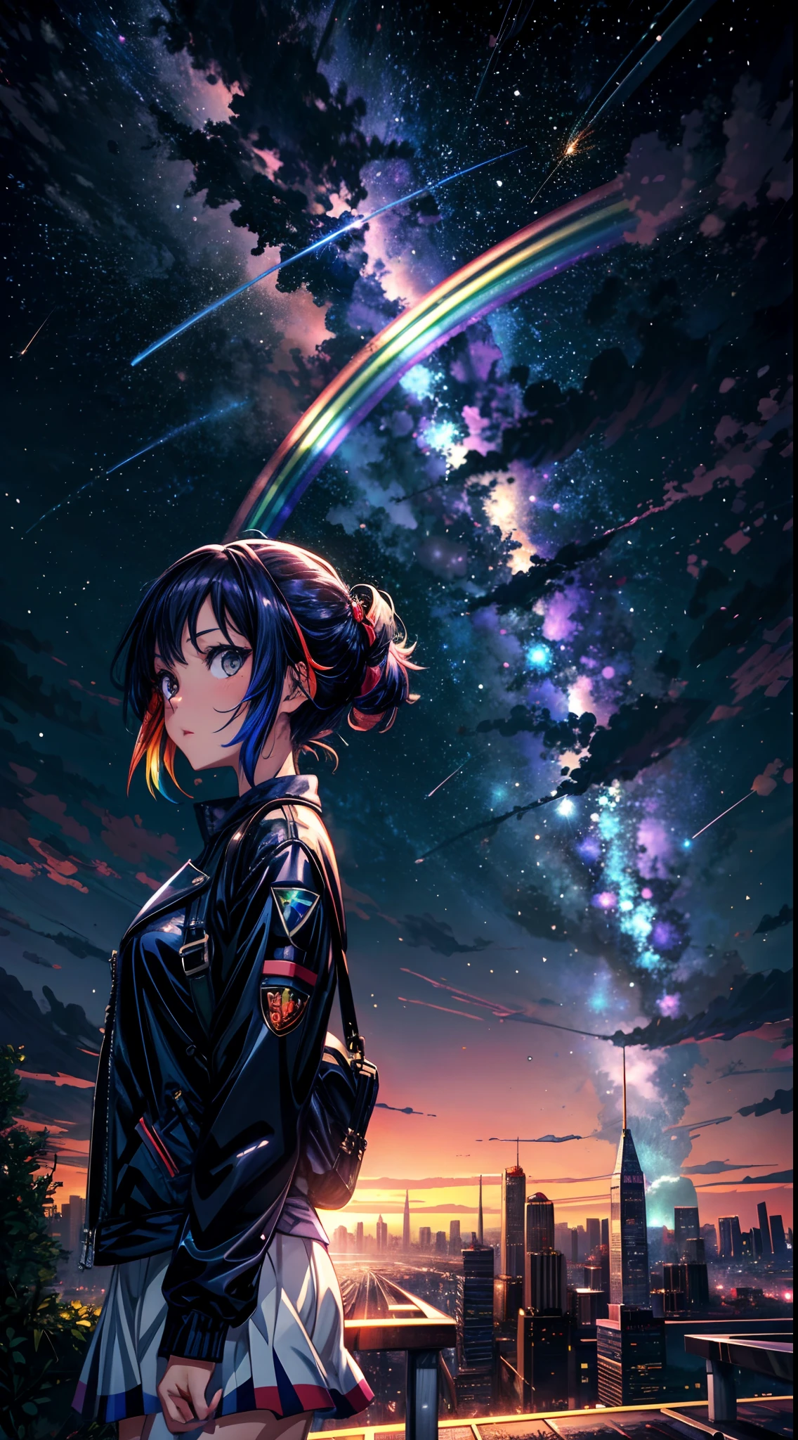 ((Rainbow Giant Shooting Star))、Anime girl looking at big city landscape,Near Future City、 makoto shinkai cyril rolando, anime art wallpaper 4k, anime art wallpaper 4k, Anime art wallpaper 8k, inspired by Cyril Rolando, in the style dan mumford artwork, amazing wallpapers, by Yuumei