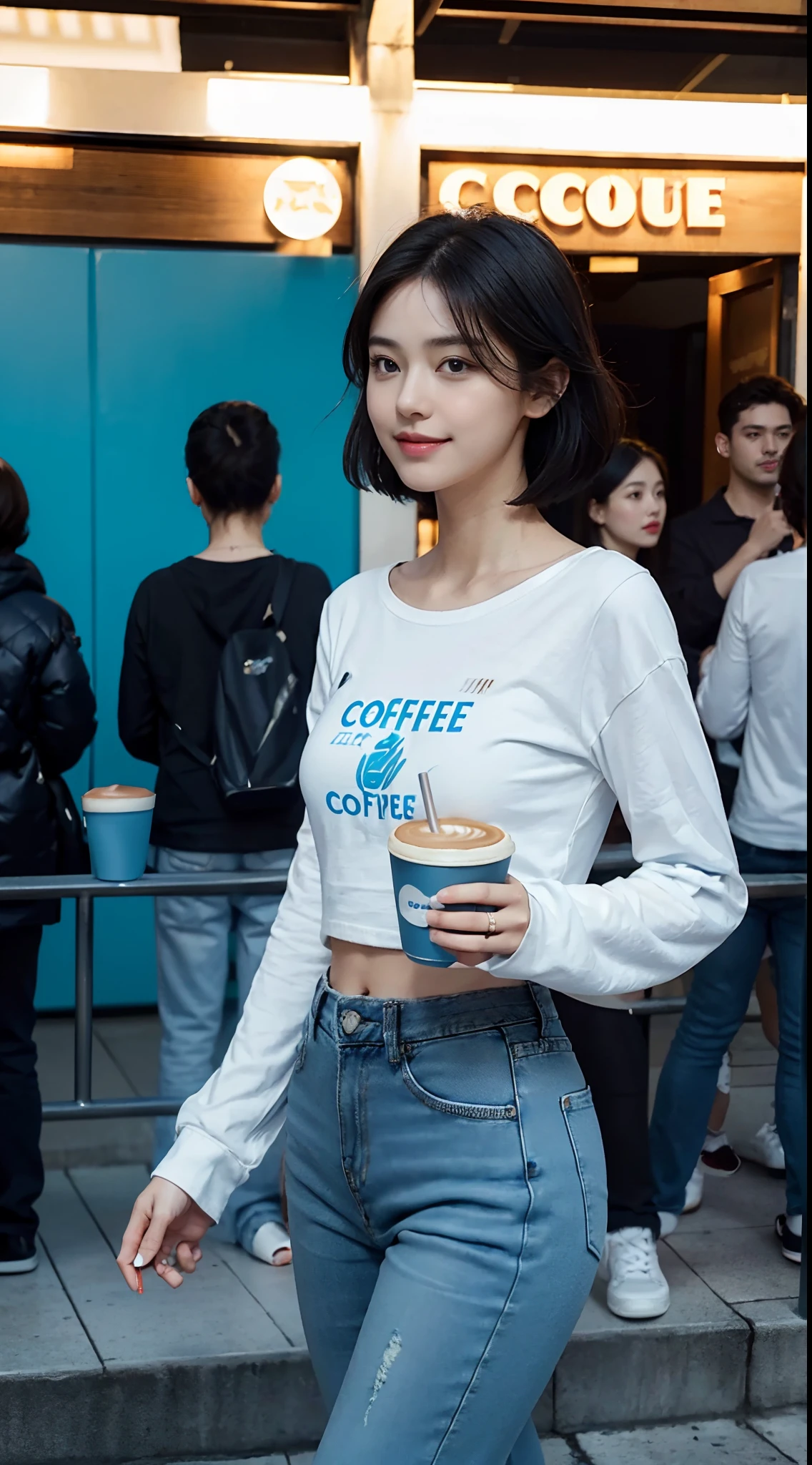 (shoulder length straight short black hair: 1.3), （Extremely meticulous CG 8k wallpaper），（Extremely refined and beautiful），（Masterpiece），（best qualtiy：1.0），（Ultra High Resolution：1.0），beautiful light up，Perfect lightning，realistic shaded，[A high resolution]，Smooth and flawless fair skin，Extremely exquisite facial details，（perfect body：1.1），ultra - detailed，A beautiful girl，small head，(Small breasts:1.1)，Flat chests，slim，thin，Smile，cheerfulness，(White Long Sleeve T-shirt:1.5），（Light blue long denim pants:1.3),Slender legs,(White sneakers:1.2)Dusk,Sunset light,Close Shot，Surrounded by a crowded crowd，At the school gate，standing,(Holding a long blue coffee cup in hand:1.5),(Well-cut abdominal muscles:1.2),(Drinking coffee through a straw:1.5)