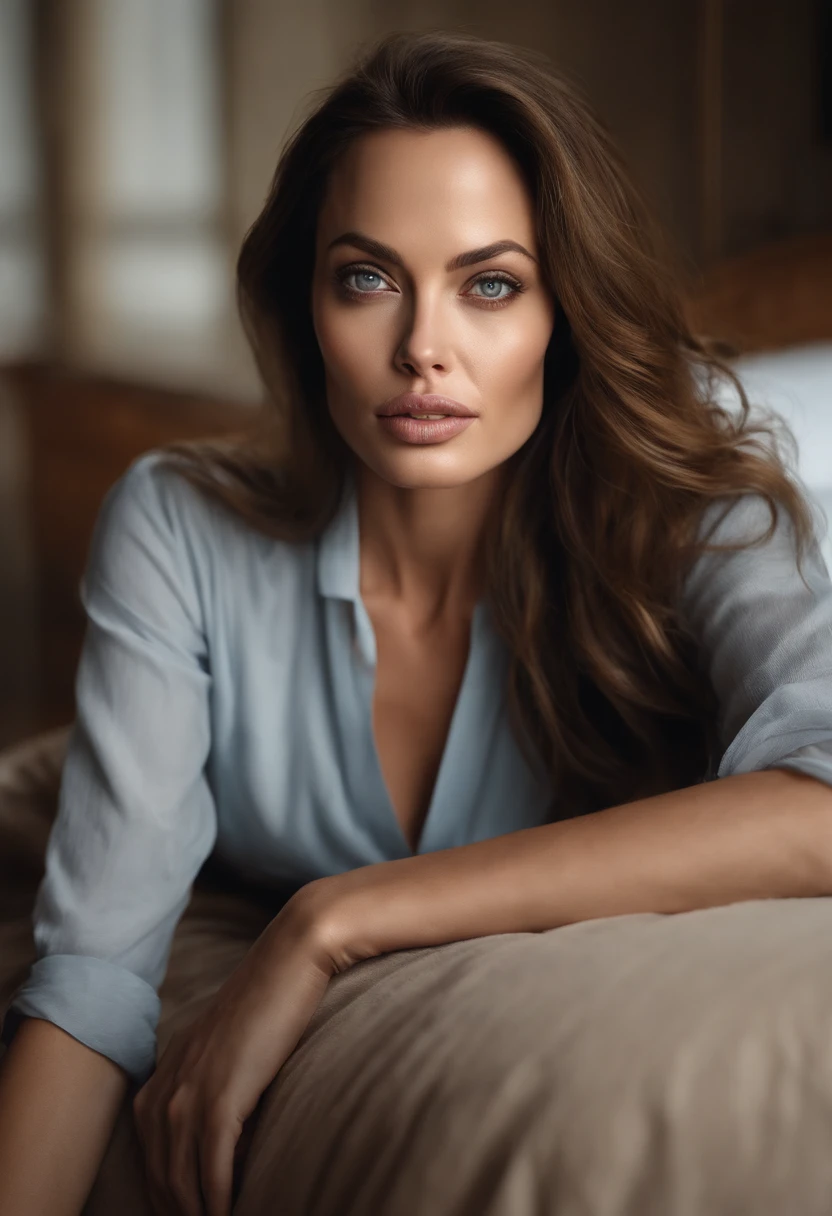 Arafed woman completely , fille sexy aux yeux bruns, ultra realist, Meticulously detailed, Portrait Angelina Jolie, cheveux bruns et grands yeux, selfie of a young woman, Dubai Eyes, Margot Robbie, sans maquillage, maquillage naturel, looking straight at camera, Visage avec Artgram, Maquillage subtil, Great photo of the whole body kneeling on the bed, dans la chambre, Medium to large bust