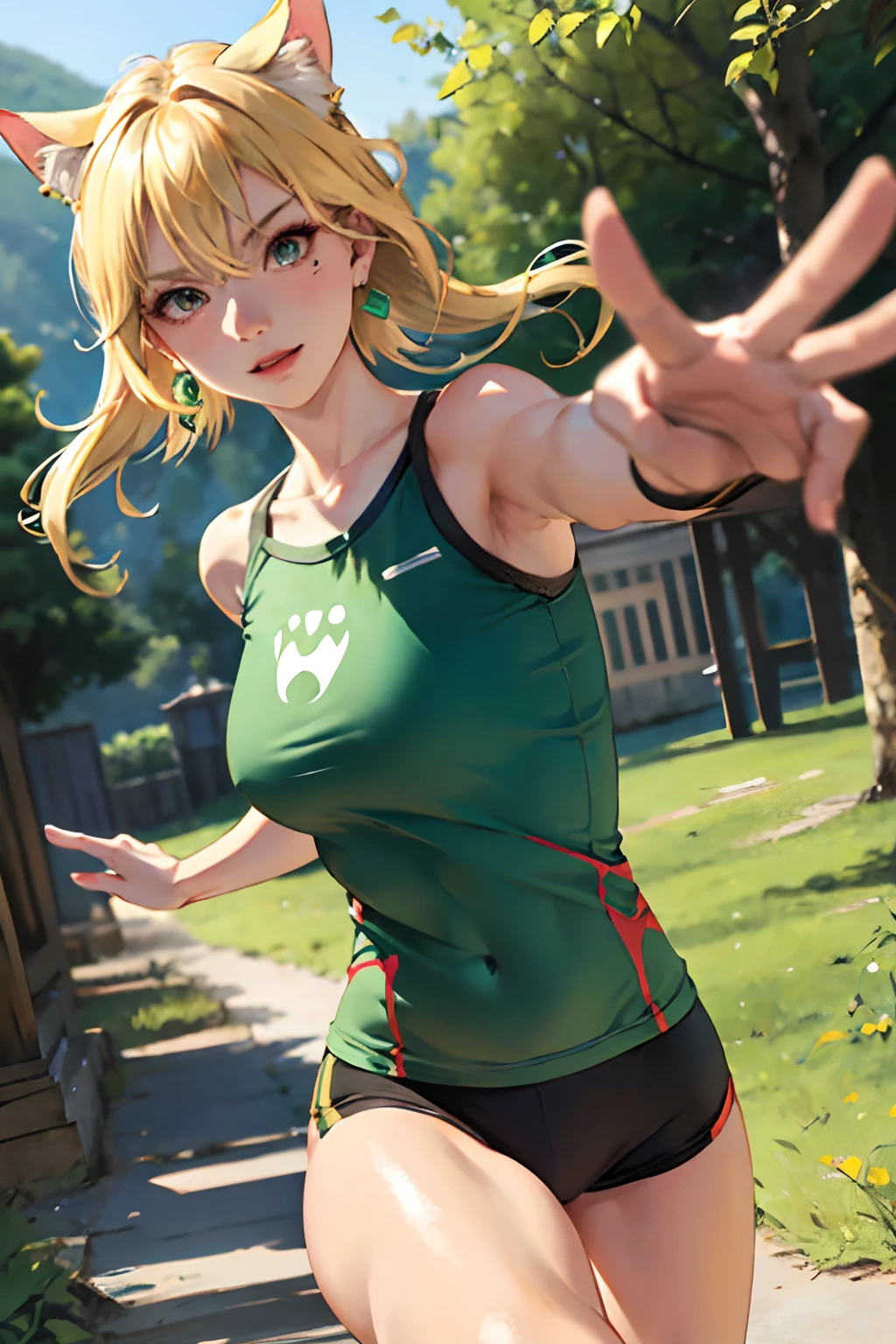 half girl, half cat, running in nature, action pose. blonde hair, fit, wearing green top (masterpiece:1.2, best quality), (real picture, intricate details), solo, 1milf, home, (front focus), large round earrings, Looking at me