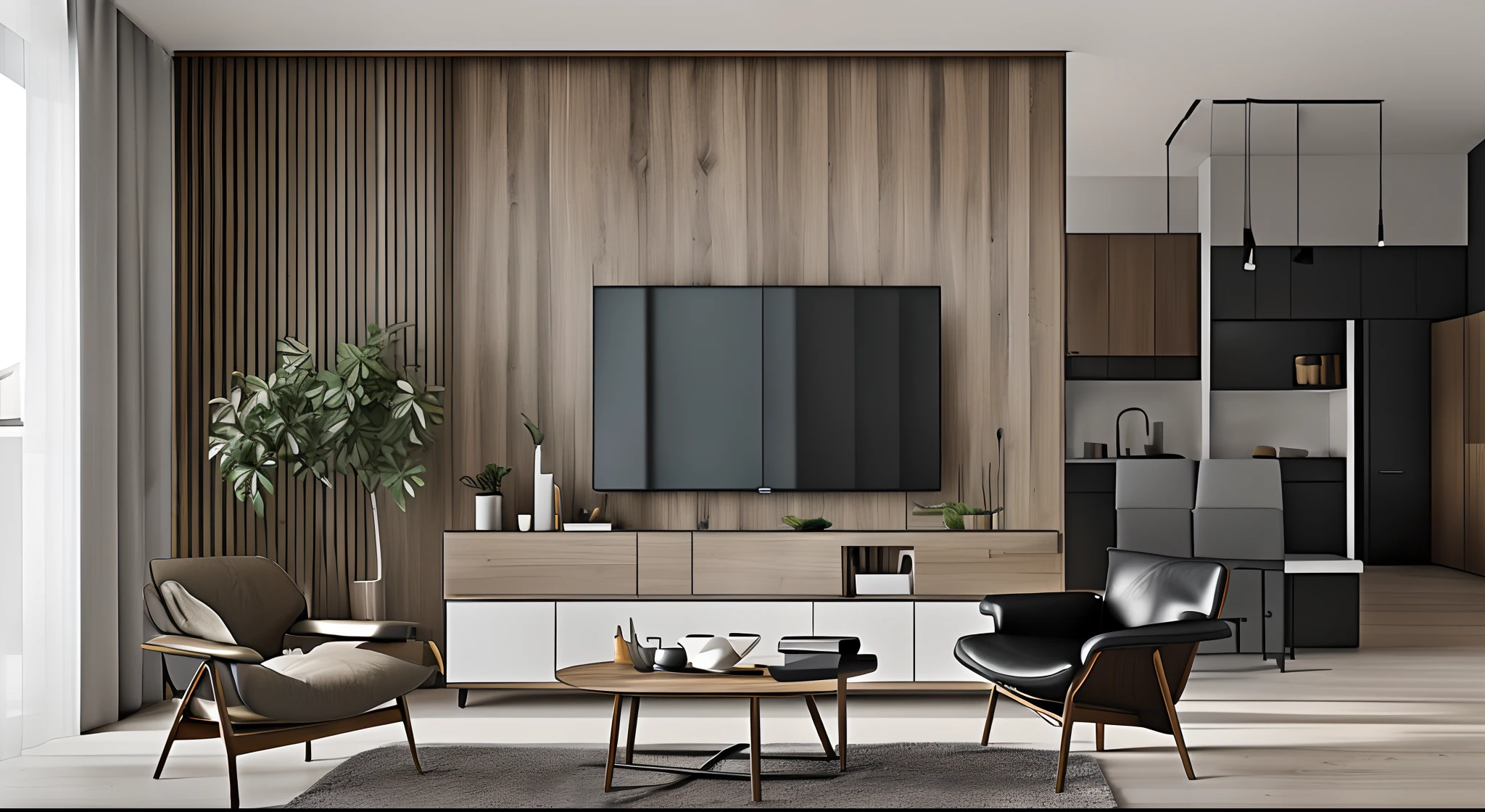 realistic photography, there is a living room with a tv and a modern leather armchair, apartment design, modern and minimalist, simple clean lines, modern minimal design, wood panel walls, low details and clean lines, realistic 8k, minimal modern, modern living room, fridge on the right side, wood table top, ((ultra realistic)), smooth spot lighting design