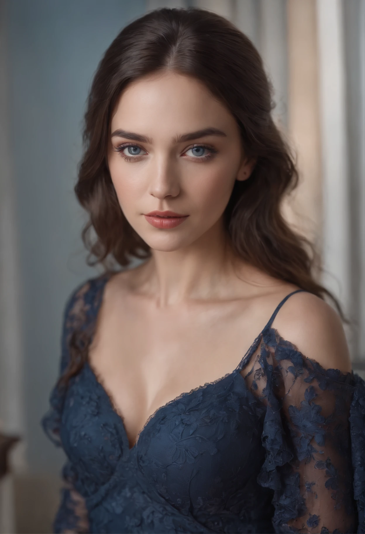 Sexy 20s girl with Eastern European features,de pele branca, Black-brown and wavy hair. With deep blue eyes.,8K.Full body. Standing (A hyper-realistic) (movie) (8K),Saggy bust,Erect ,