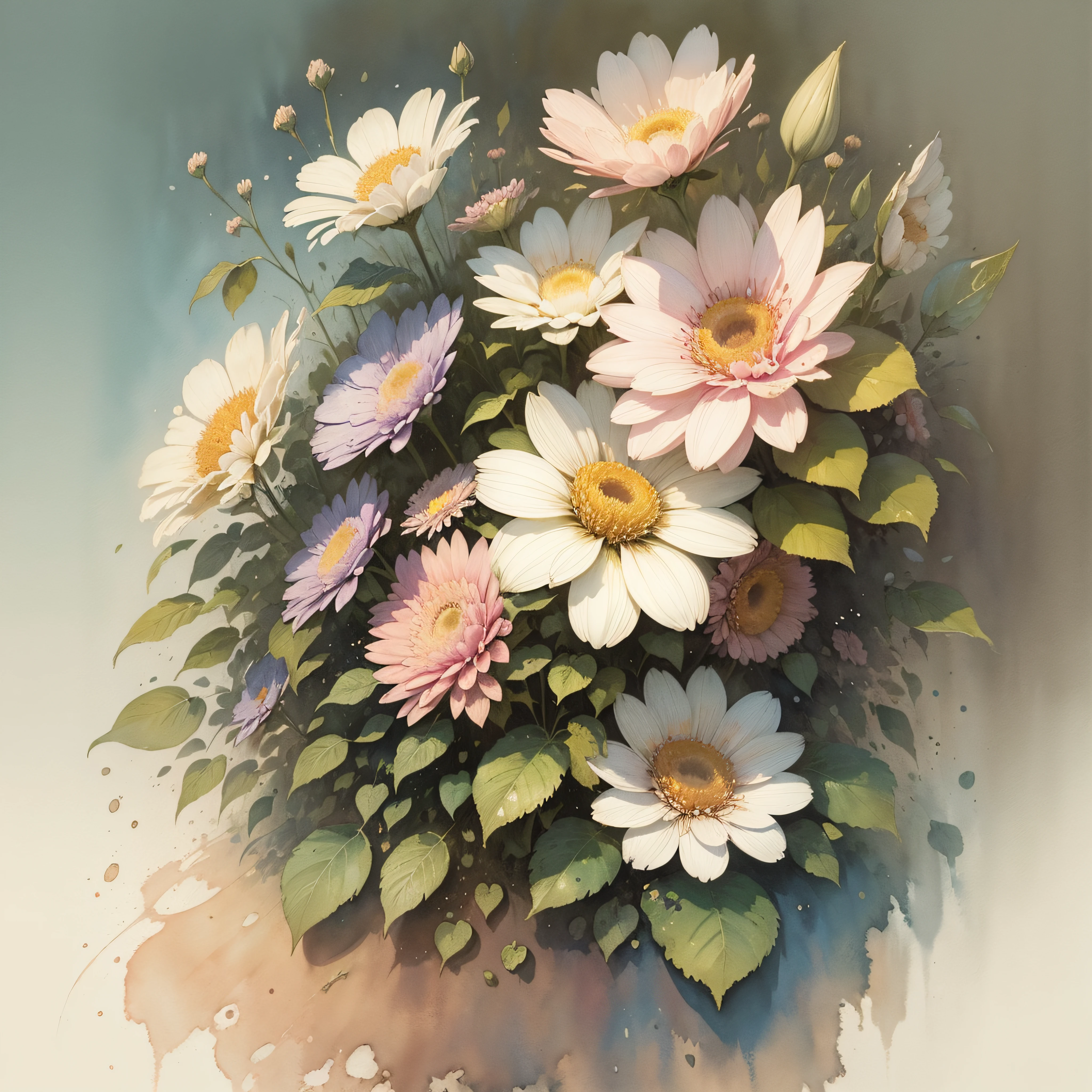 muted color, watercolor of flowers, painterly, granular dripping running, very muted colors by jean - baptiste monge