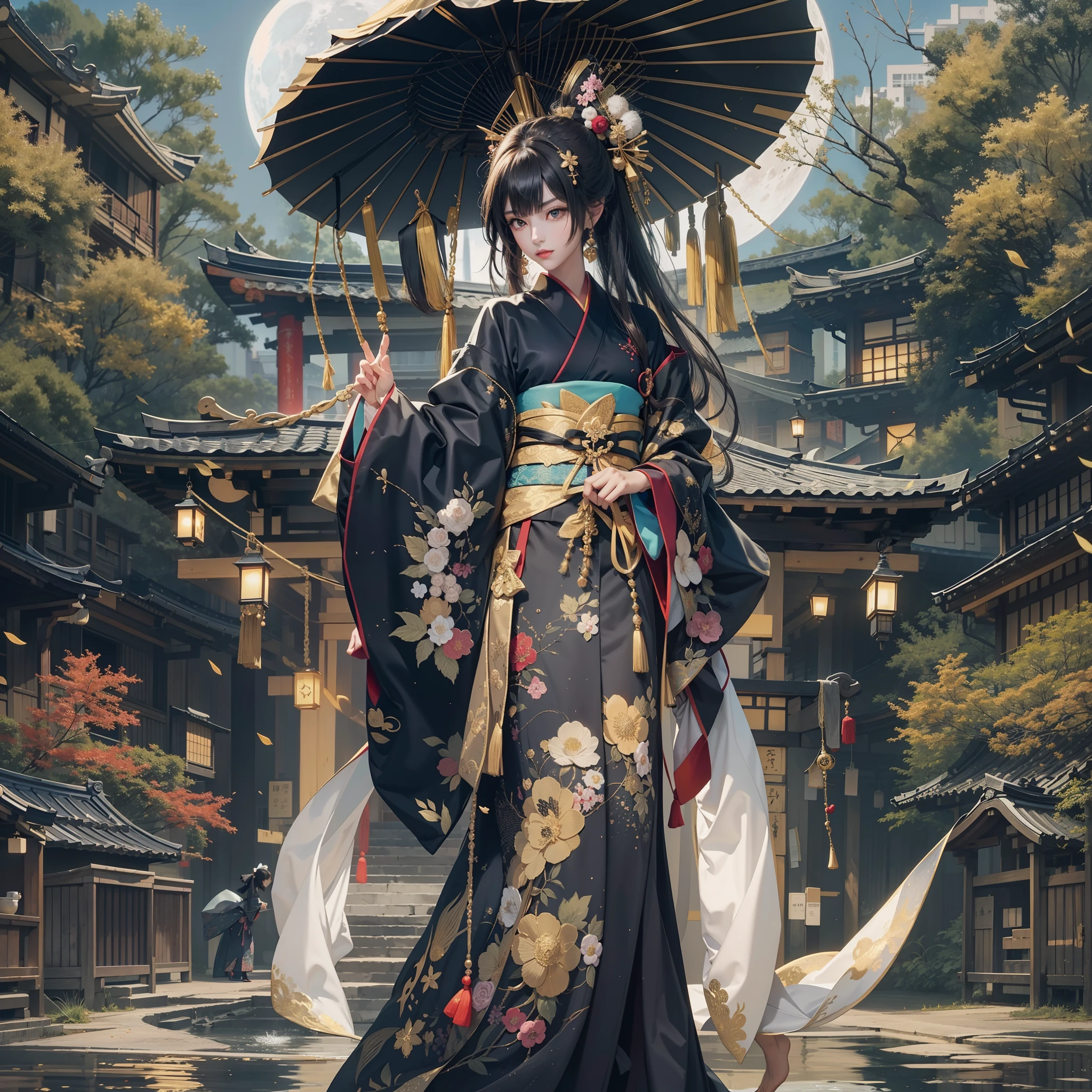 Detailed background((a moon:1.5),Desolate city)、BREAK,elaborate costume{Luxury kimono(Black kimono(Detailed golden embroidery,))}、(Japanese Idol(actress):1.2)(face perfect:1.2),Depict a beautiful and graceful woman of Japan。glossy dark hair,poneyTail,Heart in the eye。 Wallpapers 16K, .Blur the background with a sickle,((masutepiece)), ((Best Quality)),{{a portrait photo of}},full body Esbian、Faraway view,Like a corporate logo
