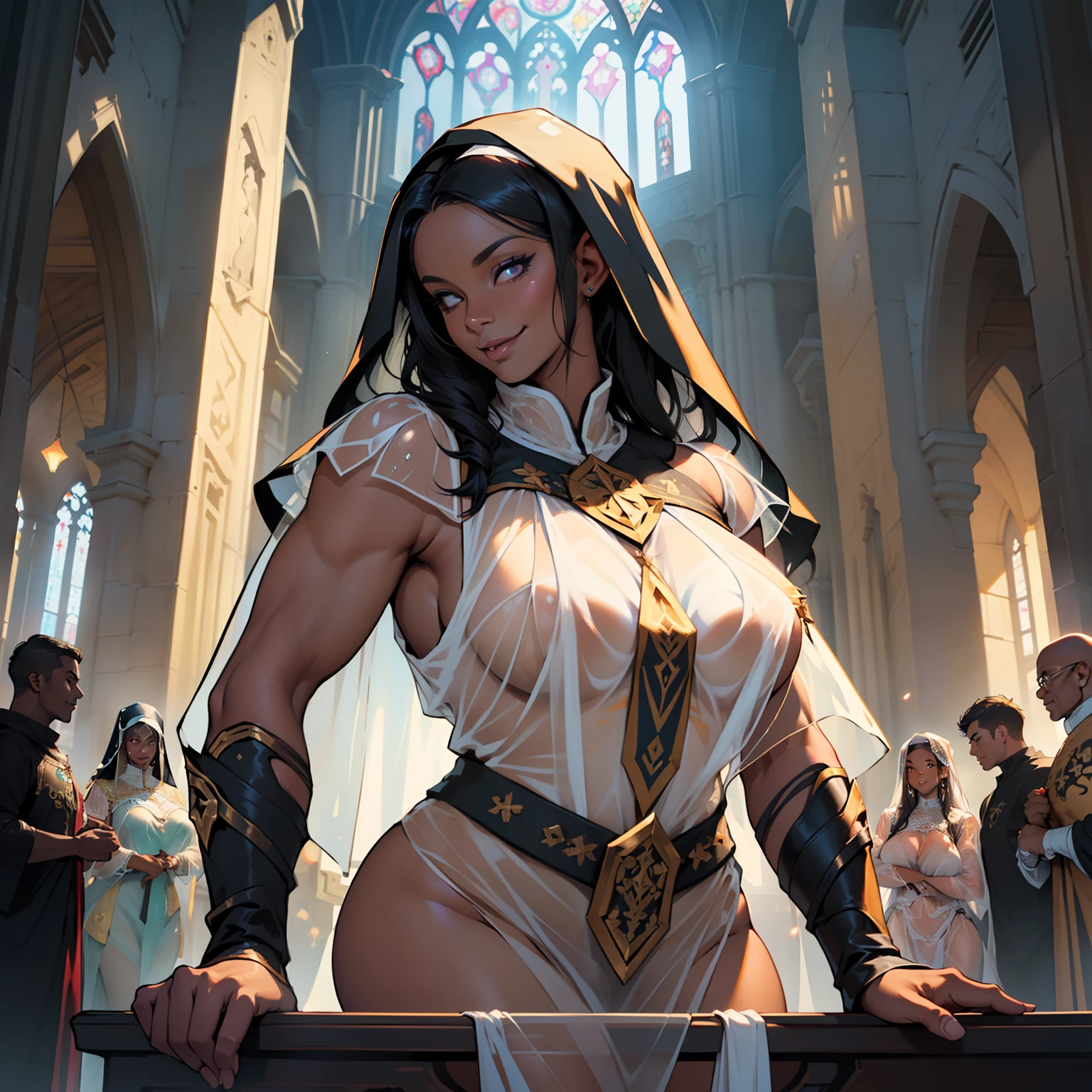 (high resolution, The pixels are perfect, luxurious illustration), (hyper qualit, Masterpiece, Ethereal: 1.4), (((see-through tabard:1.4))),nun,(((Completely naked ))),in church,((dark nipple)), ((bare Carmelto)),mature female,Black areola,female public hair,(((Breasts seem to overflow from the tabard))),wetted skin, Armpit hairy,(((A MILF: 1.4))), (Curvy:1.35),((((Dark skin)))),long hair,Curvy physique, Thick body,((Sexual suggestiveness)),Seductive smile,high-heels