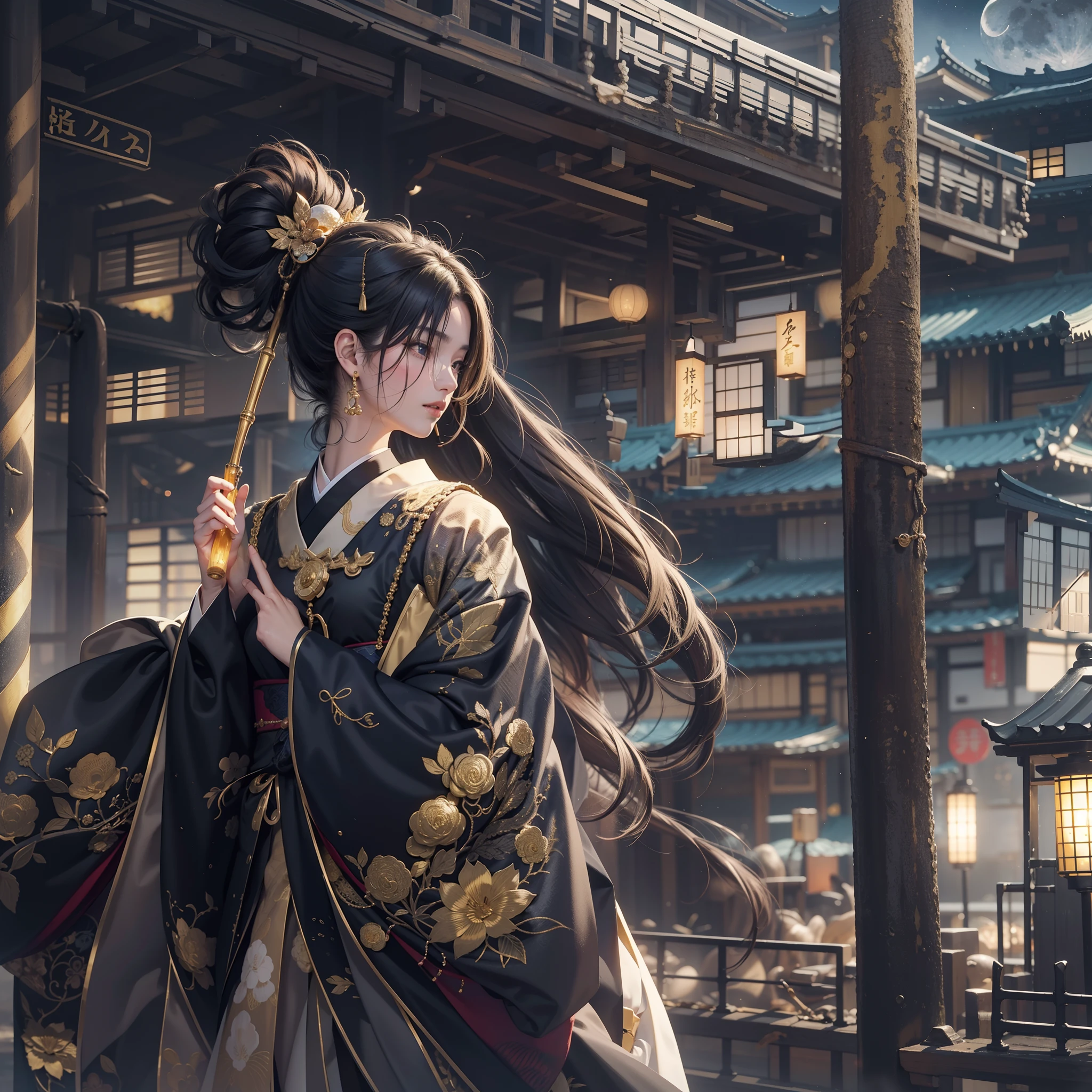 Detailed background((a moon:1.5),Desolate city)、BREAK,elaborate costume{Luxury kimono(Black kimono(Detailed golden embroidery,))}、(Japanese Idol(actress):1.2)(face perfect:1.2),Depict a beautiful and graceful woman of Japan。glossy dark hair,poneyTail,Heart in the eye。 Wallpapers 16K, .Blur the background with a sickle,((masutepiece)), ((Best Quality)),{{a portrait photo of}},full body Esbian、Faraway view,Like a corporate logo