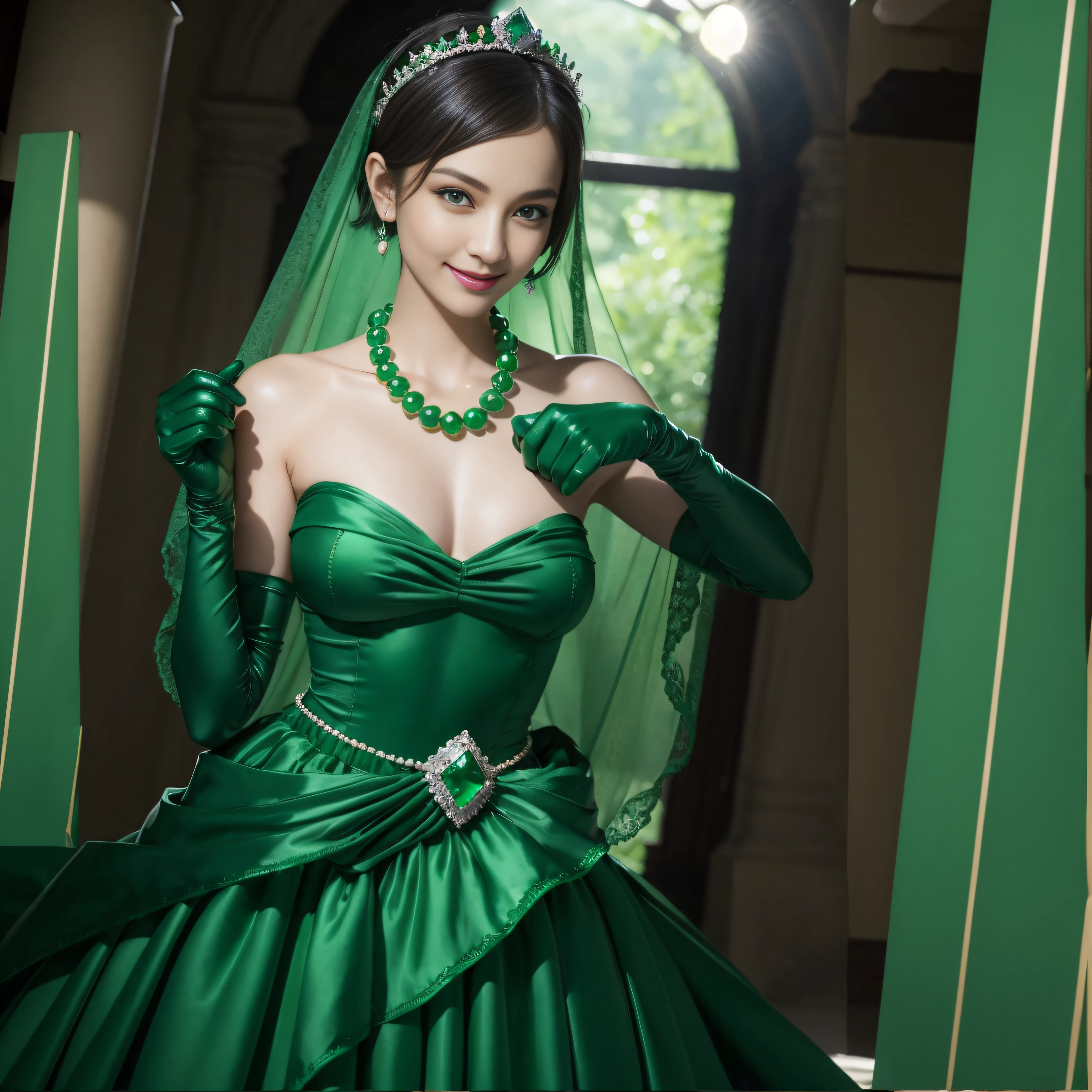 emerald tiara, Green Pearl Necklace, Boyish very short green hair, lipsticks, Japan woman smiling, very short short hair, fist, big breasts beautiful, Green eyes, Long green gloves made of satin material, Green eyes, Emerald Earrings, lesbian ,the kiss