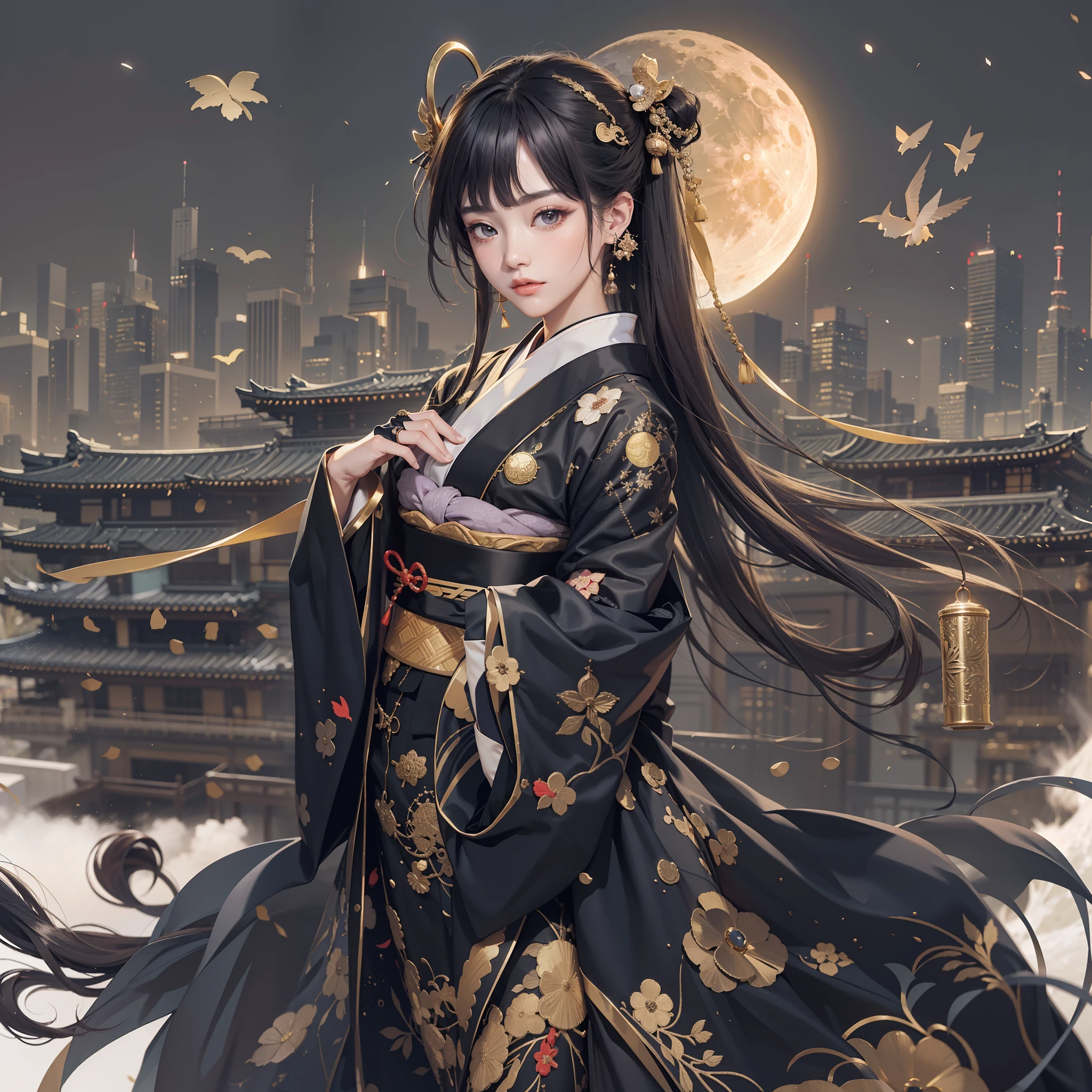 Detailed background((a moon:1.5),Desolate city)、BREAK,elaborate costume{Luxury kimono(Black kimono(Detailed golden embroidery,))}、(Japanese Idol(actress):1.2)(face perfect:1.2),Depict a beautiful and graceful woman of Japan。glossy dark hair,poneyTail,Heart in the eye。 Wallpapers 16K, .Blur the background with a sickle,((masutepiece)), ((Best Quality)),{{a portrait photo of}},full body Esbian、Faraway view,Like a corporate logo