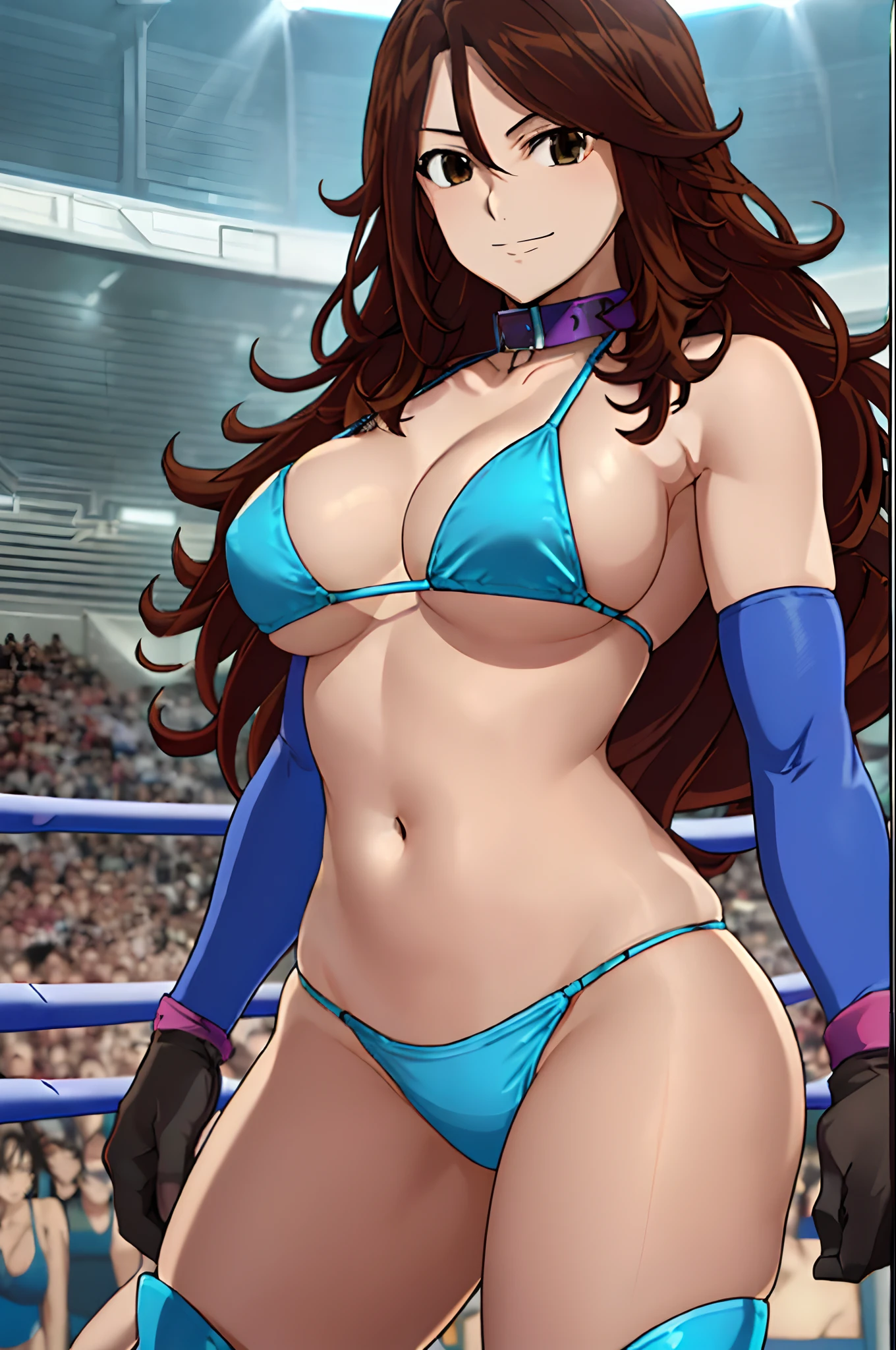 cowboy shot, face view, anime style: 1.8, anime drawing, ultra detailed face, ultra detailed body, 4k, Sumergai Lee Noriega, (standing), best quality, anime style, hires, highest definition, digital blending, bold drawing lines, ((slender body, female wrestler), (location: wrestling arena, crowds watching), (slender body, off-shoulders), mature woman, ((blue wrestling gear: blue micro bikini, boots, gloves, collar band, black bikini)), victorious, winner, (smile, closed mouth), (big breasts), (big eyes, brown eyes), (warming up, cable underarm), (tilt head, loose hair, curly hair, wavy hair, long hair, missy hair), 27 years old,