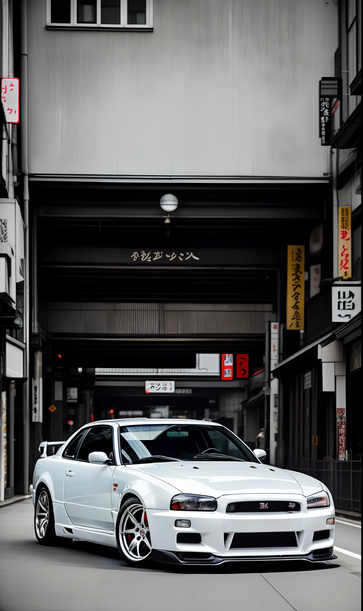 Skyline R34 GTR in Tokio street, best image quality, photo realistic, very detailed