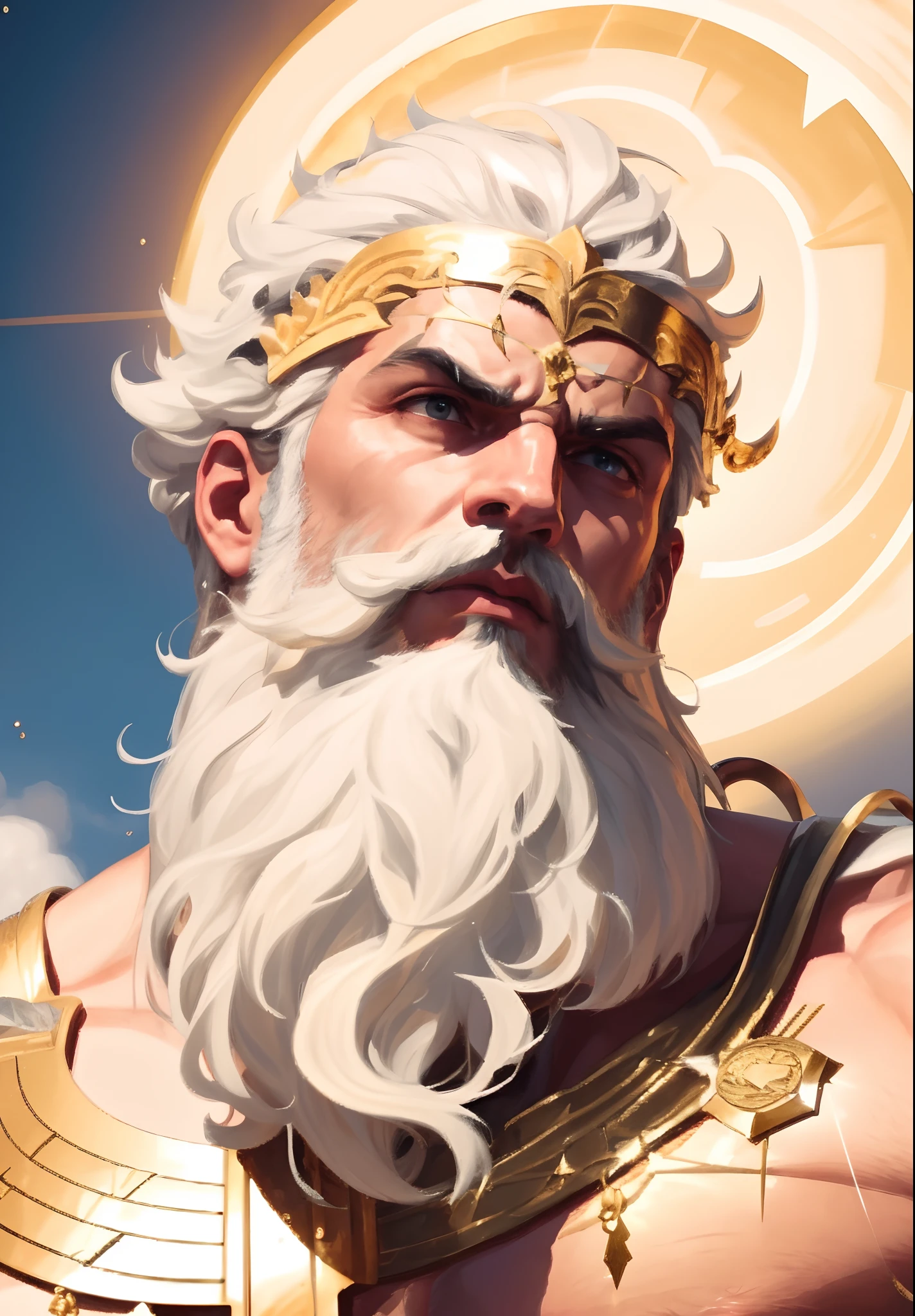 a close up of a man with a beard and a gold crown, portrait zeus, furious god zeus, portrait of zeus, the god zeus, portrait of greek god ares, portrait of rugged zeus, painted portrait of rugged zeus, zeus, epic scene of zeus, male god svarog portrait, portrait of demigod hercules, greek god, greek myth digital painting