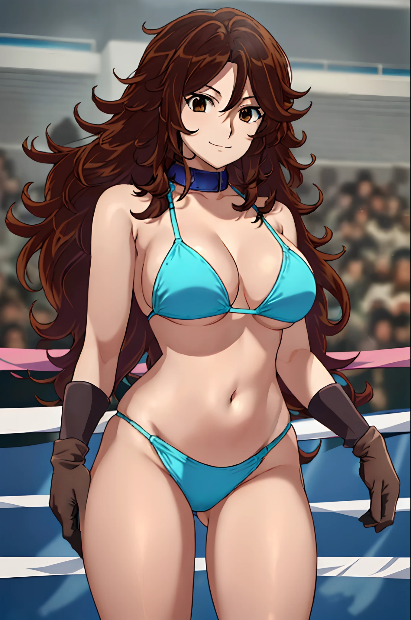cowboy shot, face view, anime style: 1.8, anime drawing, ultra detailed face, ultra detailed body, 4k, Sumergai Lee Noriega, (standing), best quality, anime style, hires, highest definition, digital blending, bold drawing lines, ((slender body, female wrestler), (location: wrestling arena, crowds watching), (slender body, off-shoulders), mature woman, ((blue wrestling gear: blue micro bikini, boots, gloves, collar band, black bikini)), victorious, winner, (smile, closed mouth), (big breasts), (big eyes, brown eyes), (warming up, cable underarm), (tilt head, loose hair, curly hair, wavy hair, long hair, missy hair), 27 years old,
