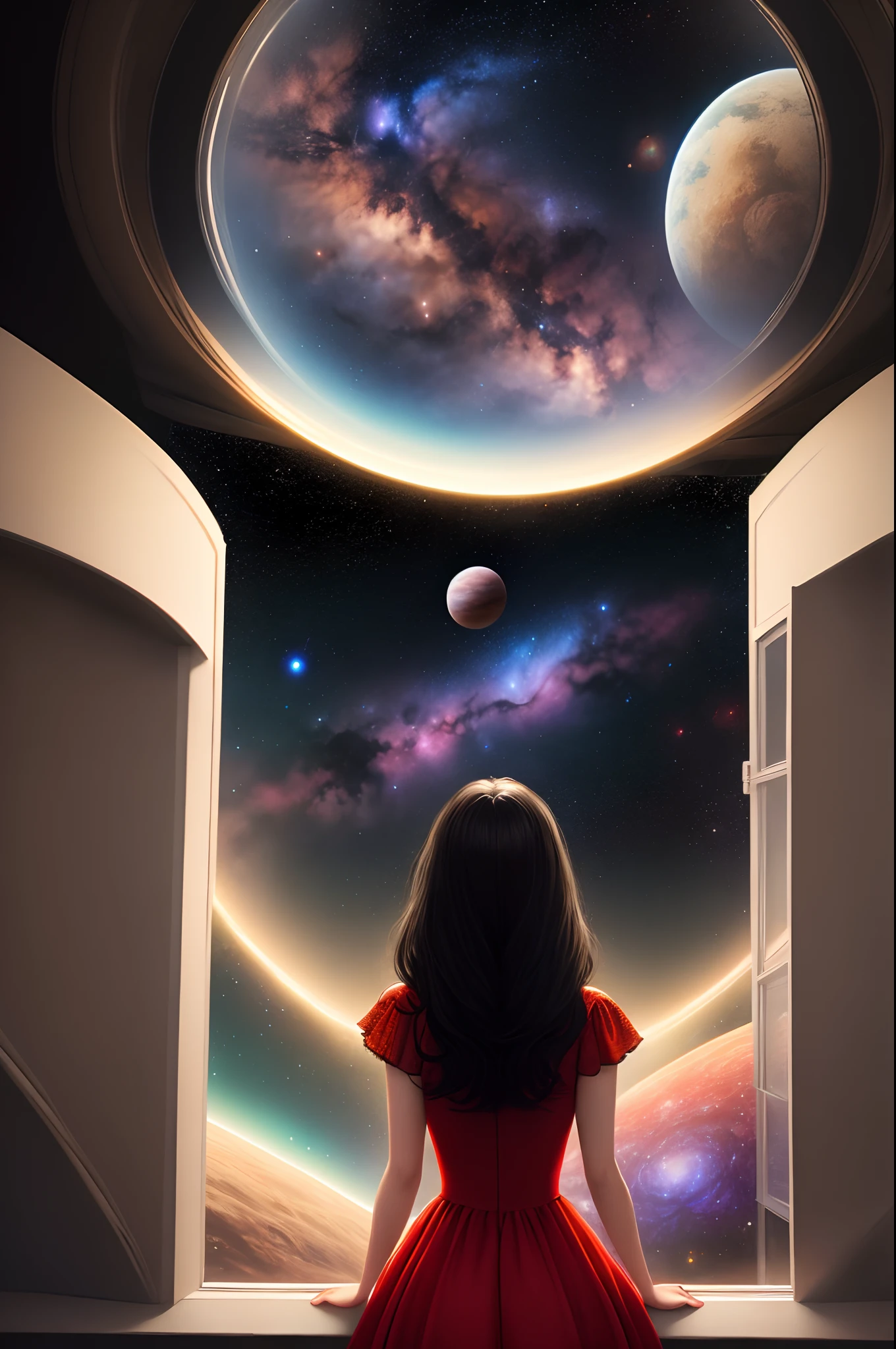Beautiful woman with black hair in a red dress looking out the window at a fantastic cosmic landscape, Planets and stars in the style of science fiction