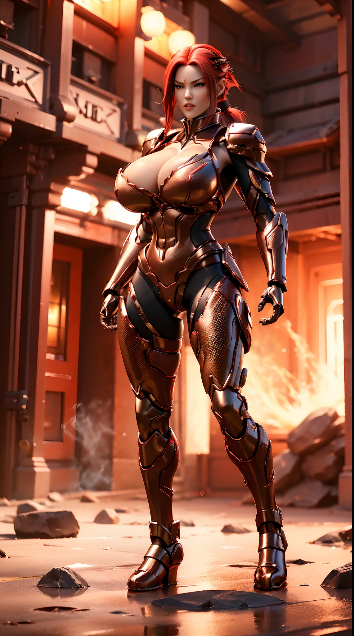 (3D REALISTIC), HUGE FAKE BOOBS, (BEAUTIFUL FACE), (RED, BLACK), (SCARLET PONYTAIL HAIR), MECHA ARMORED GEAR, FUTURISTIC DRAGON MECHA SUIT, (CLEAVAGE), (SKINTIGHT YOGA PANTS), (SEXY LEGS), FRONT, (STANDING), SLENDER SEXY BODY, MUSCLE ABS, UHD, 8K, 1080P.
