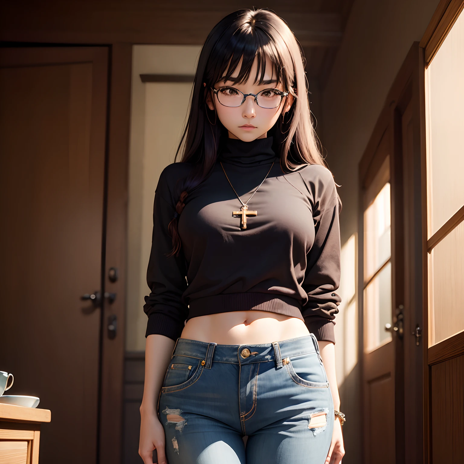 (masterpiece, best quality:1.2), cowboy shot, solo, 1girl, shizuku murasaki, expressionless, looking at viewer, arms behind back, brown eyes, glasses, black turtleneck, jeans, cross necklacenecklace