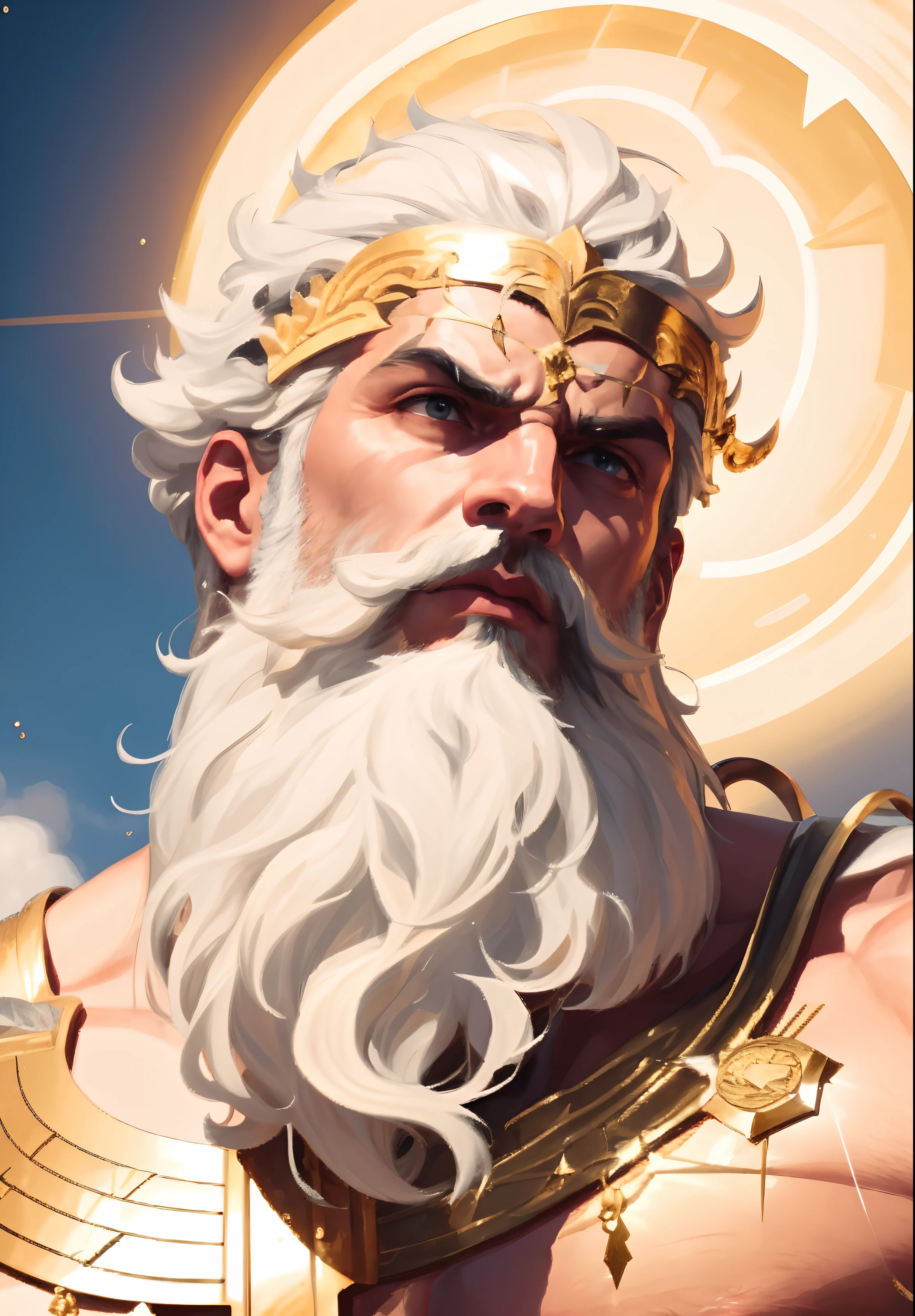 a close up of a man with a beard and a gold crown, portrait zeus, furious god zeus, portrait of zeus, the god zeus, portrait of greek god ares, portrait of rugged zeus, painted portrait of rugged zeus, zeus, epic scene of zeus, male god svarog portrait, portrait of demigod hercules, greek god, greek myth digital painting