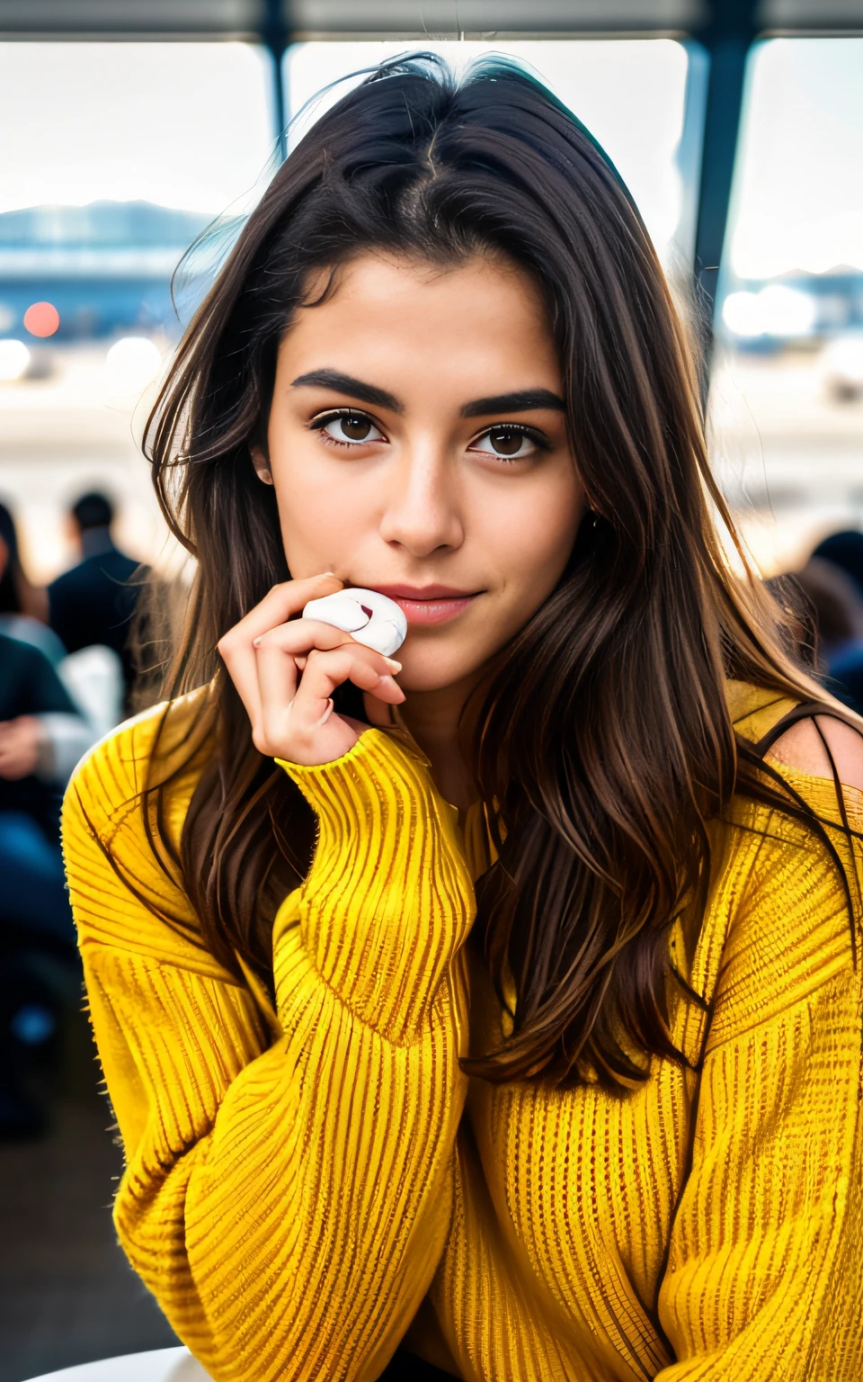 beautiful brunette wearing yellow sweater (sipping coffee inside a modern café in an airport), very detailed, 21 years old, innocent face, natural wavy hair, brown eyes, high resolution, masterpiece, best quality, intricate details, highly detailed, sharp focus, detailed skin, realistic skin texture, texture, detailed eyes, professional, 4k, charming smile, shot on Canon, 85mm, shallow depth of field, kodak vision color, perfect fit body, extremely detailed, foto_\(ultra\), photorealistic, realistic, post-processing, maximum detail, roughness, real life, ultra realistic, photorealism, photography, 8k uhd, photography