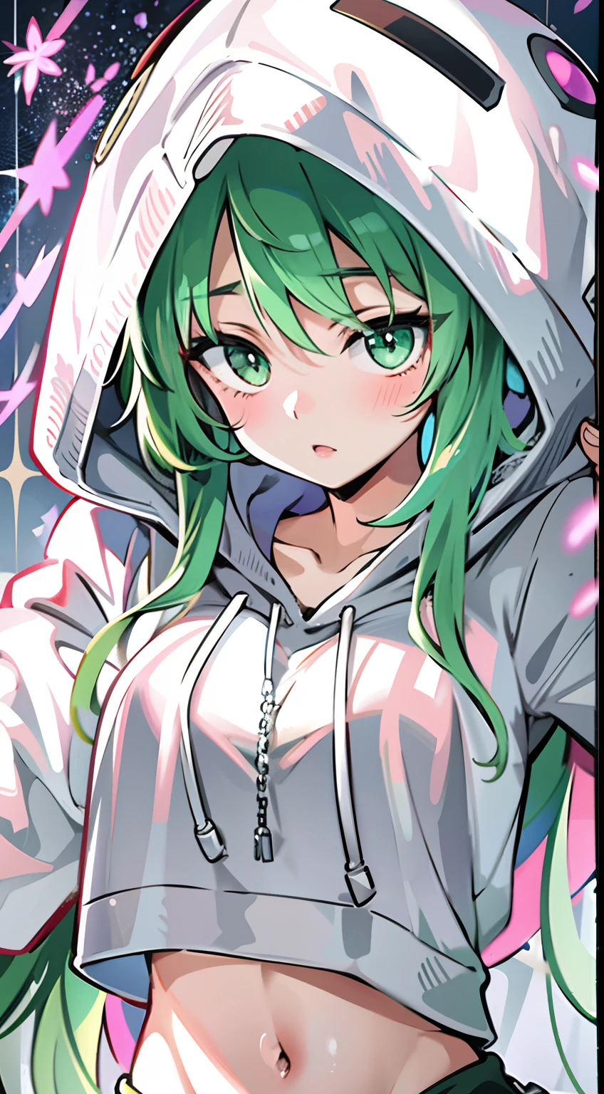 upper body, 1woman, green hair, Long Haired, green eyes, (Kitsunemimi), green hoodie, big breats, wallpaper, Chain background, light particles, (masterpiece), best quality, Top Quality, pale white skin, solo