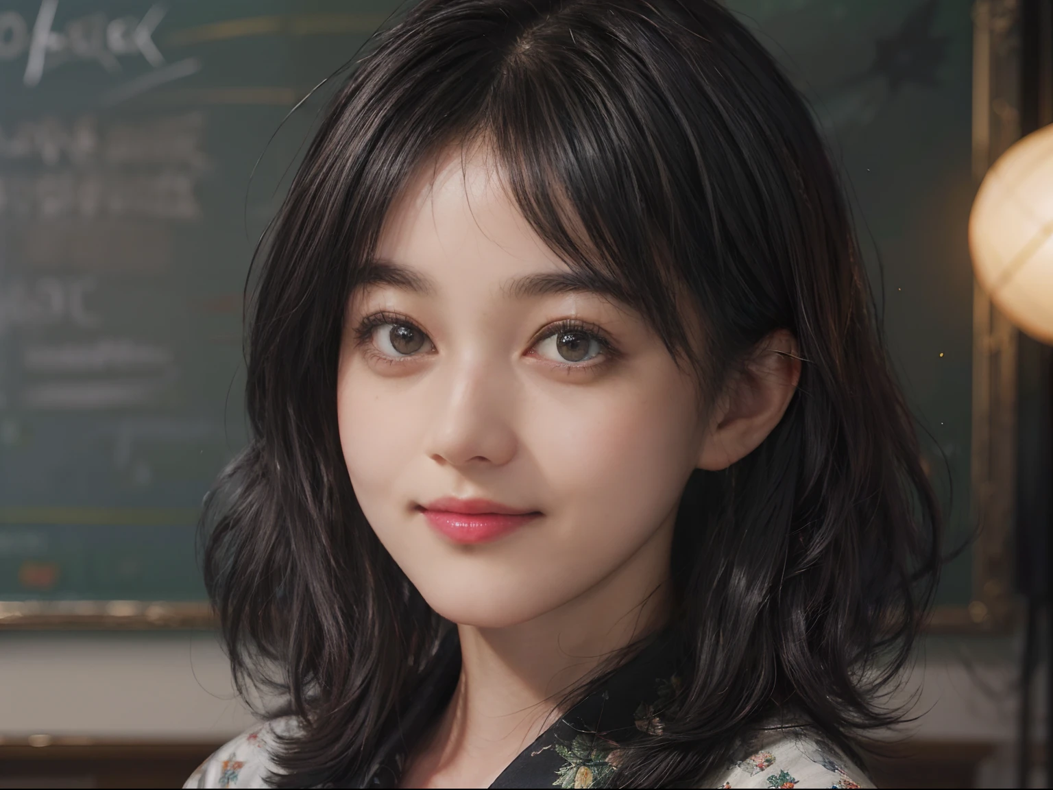 (Black Shorthair:1.5), (a 20 yo woman), (T-shirt design), (Floral clothing), (Breast bulge),((Being in the physics classroom)), (A hyper-realistic), (Relaxed), (Increased resolution), (8KUHD), (Extremely detailed), (Best Illustration), (Beautiful and detailed eyes), (Best Quality), (ultra-detailliert), (masutepiece ), ( Wallpaper), (Detailed face), Fine details, Deep Shadows, lowkey, Smiling, (There is a picture of Einstein), (There are plenty of physicist photos), (Solving the formula on the blackboard), Standing in front of the blackboard