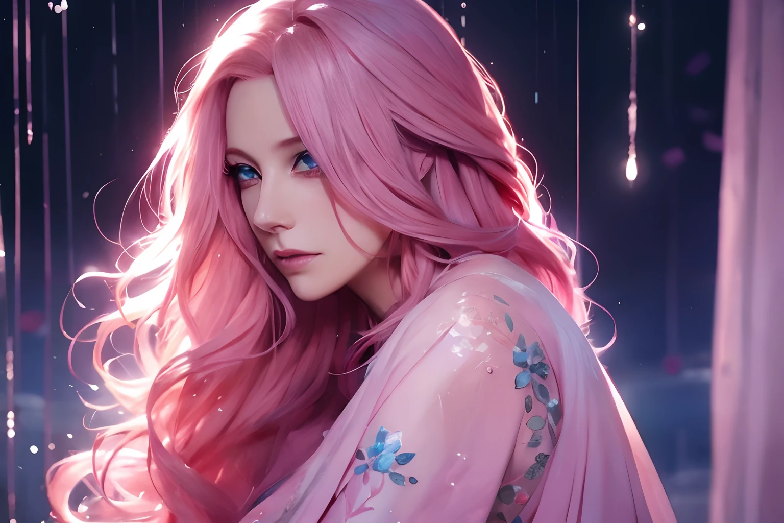 arafed woman with pink hair and blue eyes in a pink dress, Ross Tran 8K, flowing pink hair, long flowing pink hair, deviantart artstation cgscosiety, Art in the style of Guweiz, Trend