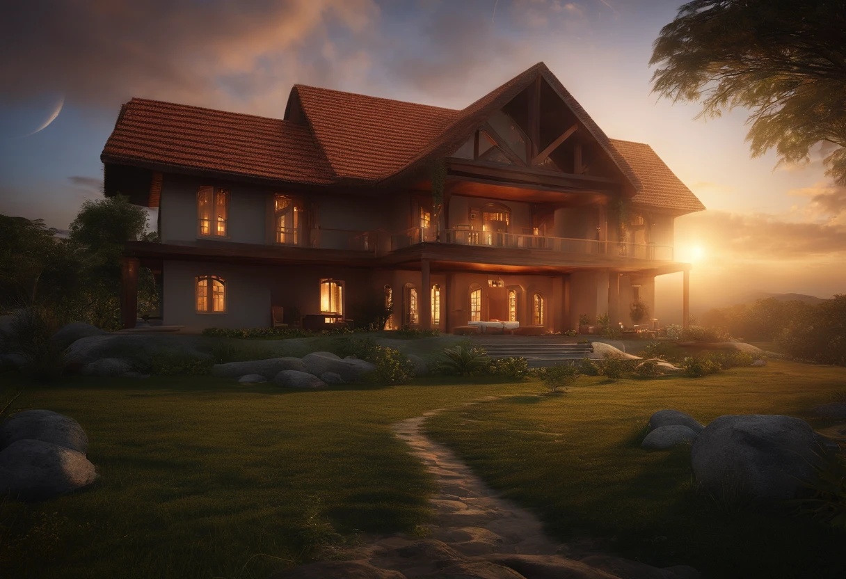 (master part, melhor qualidade:1.3), (ultra-detalhado:1.3),Bete (In): Uma imagem de uma casa, representing the place of refuge in God., Cinematic lighting, (((shining light particles))), Dynamic angle,