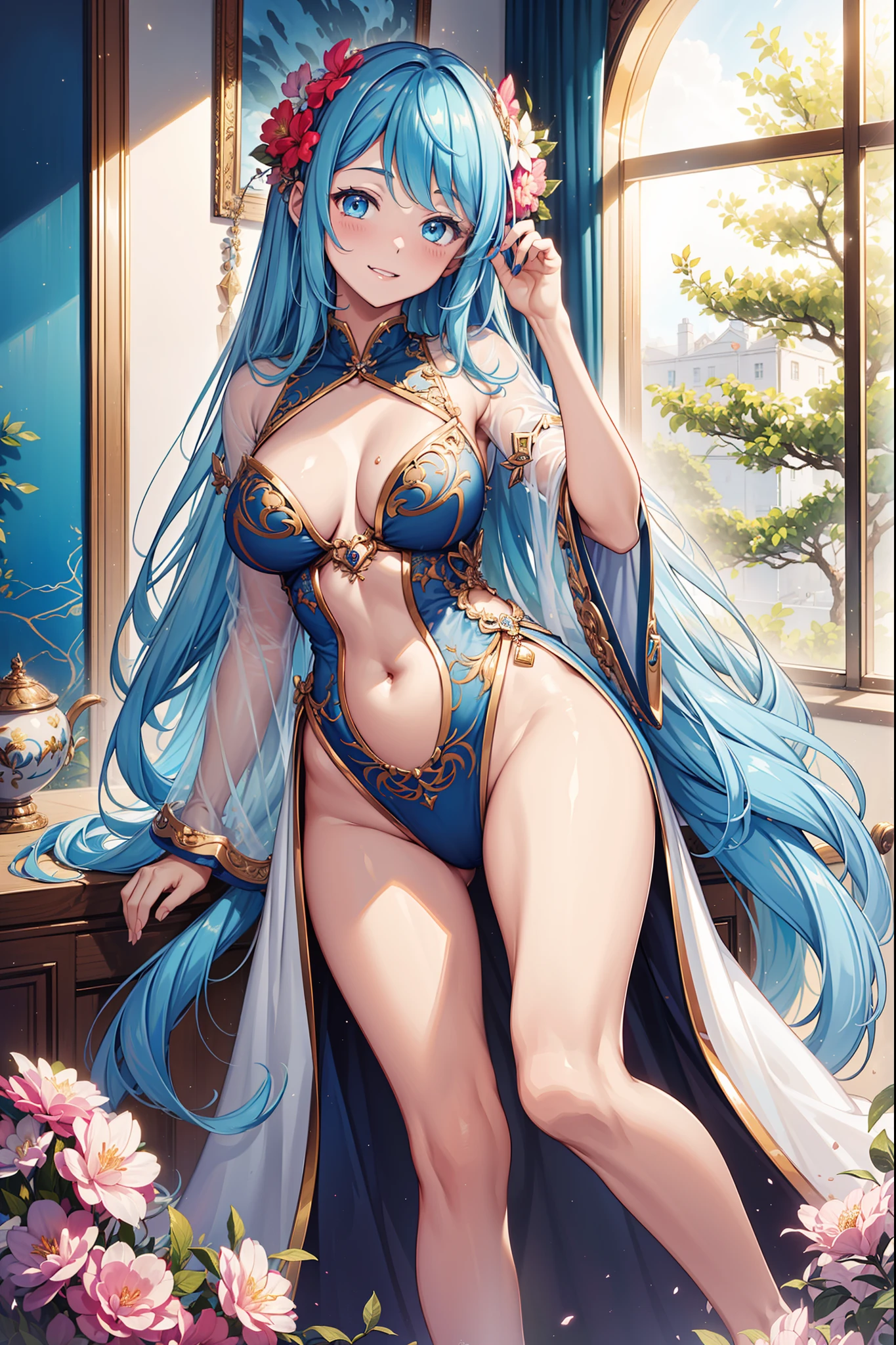 (Best quality,4K,8K,A high resolution,Masterpiece:1.2),Ultra-detailed,teens girl,divino,Enchanted,Seductive pose,having fun,Being in love,pale robe,intricate detailed clothes,Pattern,swimming uniform,inside in room,solo person,Gradient hair