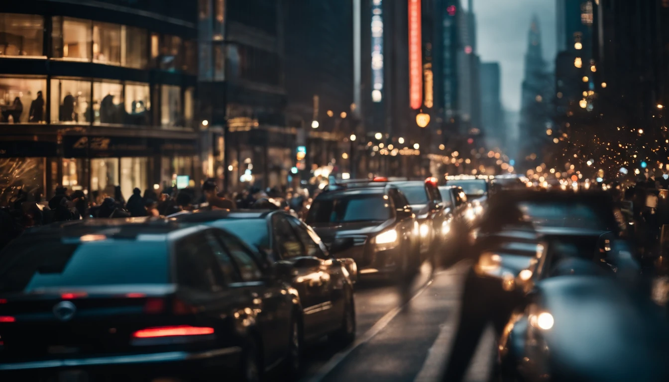 A bustling cityscape during rush hour:
Depict a busy city with towering skyscrapers, crowded streets, and a flurry of people during rush hour.