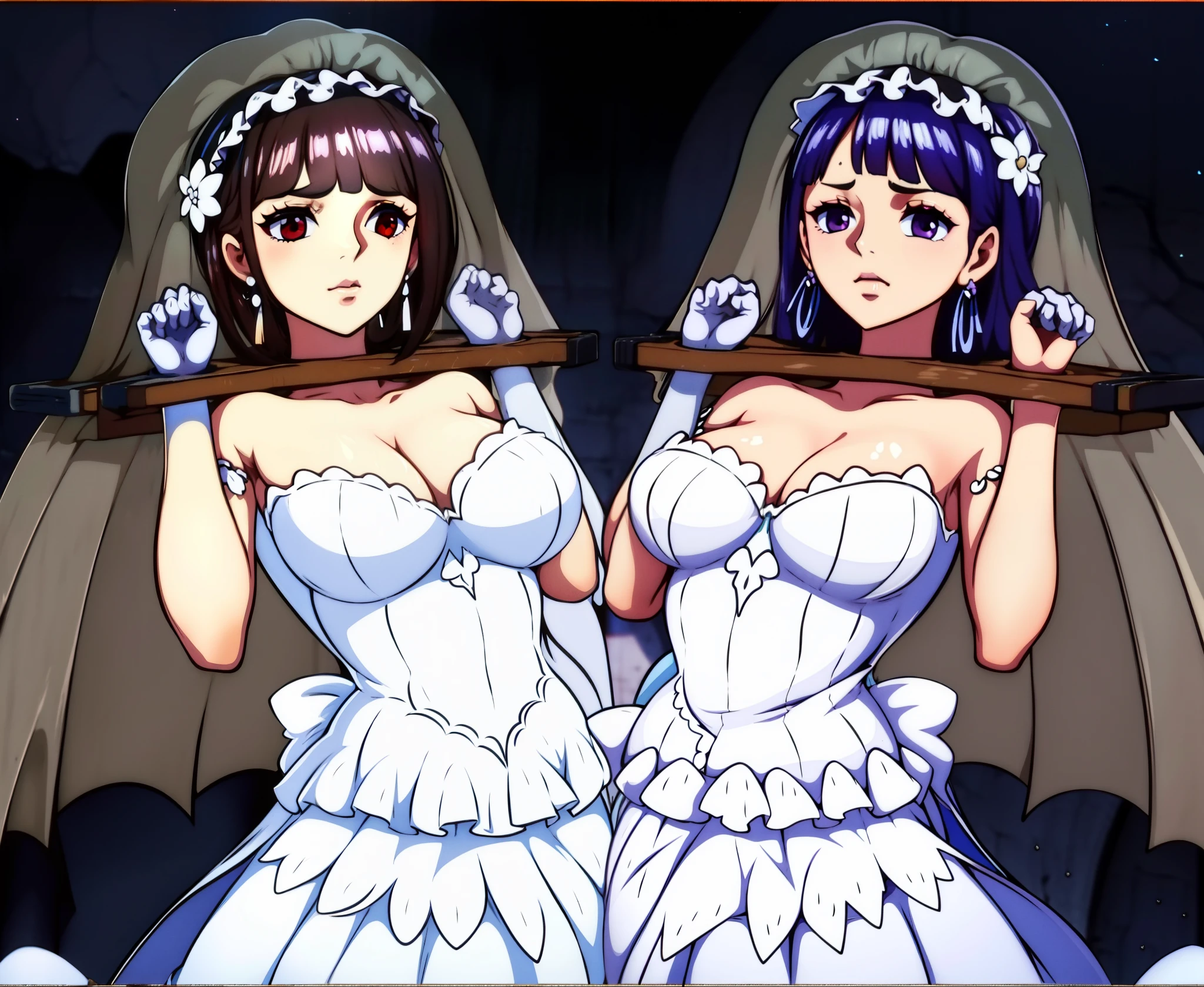 Close-up of a beautiful bride in a beautiful wedding dress, Gurvetz,(pillory:1.5), (Flail:1.2), Flail on the head, Flail on the hands,(Bridal veil: 1.5), (Short transparent veil: 1.5), Flushed face, Head flower, head gear, Very detailed princess wedding dress,(Tubular wedding dress: 1.5), (Silk dress: 1.2 ), (Strapless wedding dress: 1.5), (and floor-length skirts:1.2), Pure white dress,a white long skirt, necklace, Earrings, (Huge breasts: 1.3), Deep V heart collar wedding dress, bangs, lipstick, (Lace gloves: 1.3), High detail RAW color art