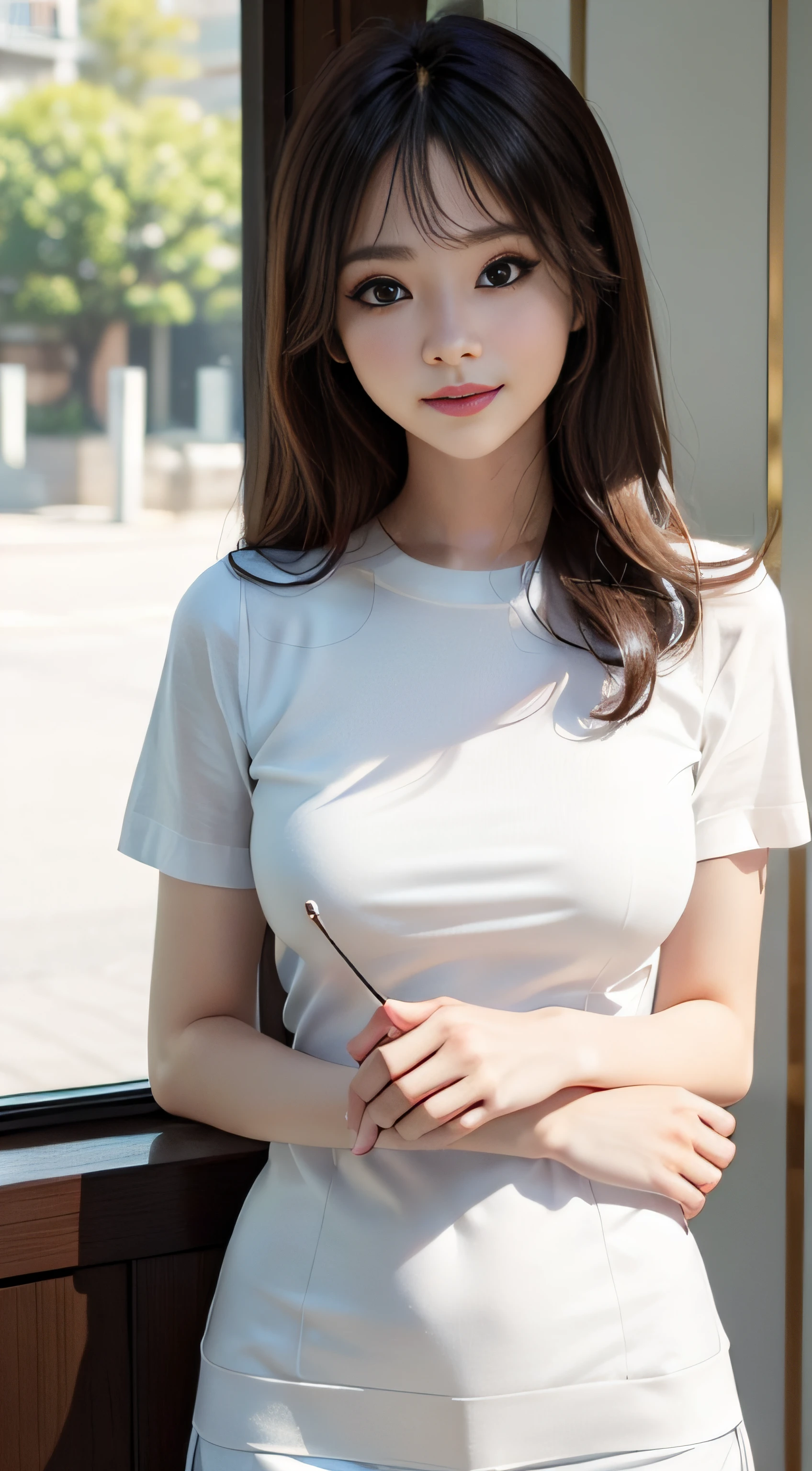 masterpiece、Top image quality:1.2、((beautiful young woman with))、Transparent skin:1.2、{A slight smil}、(kawaii)、Short sleeve knit、luxury hotel、depth of fields