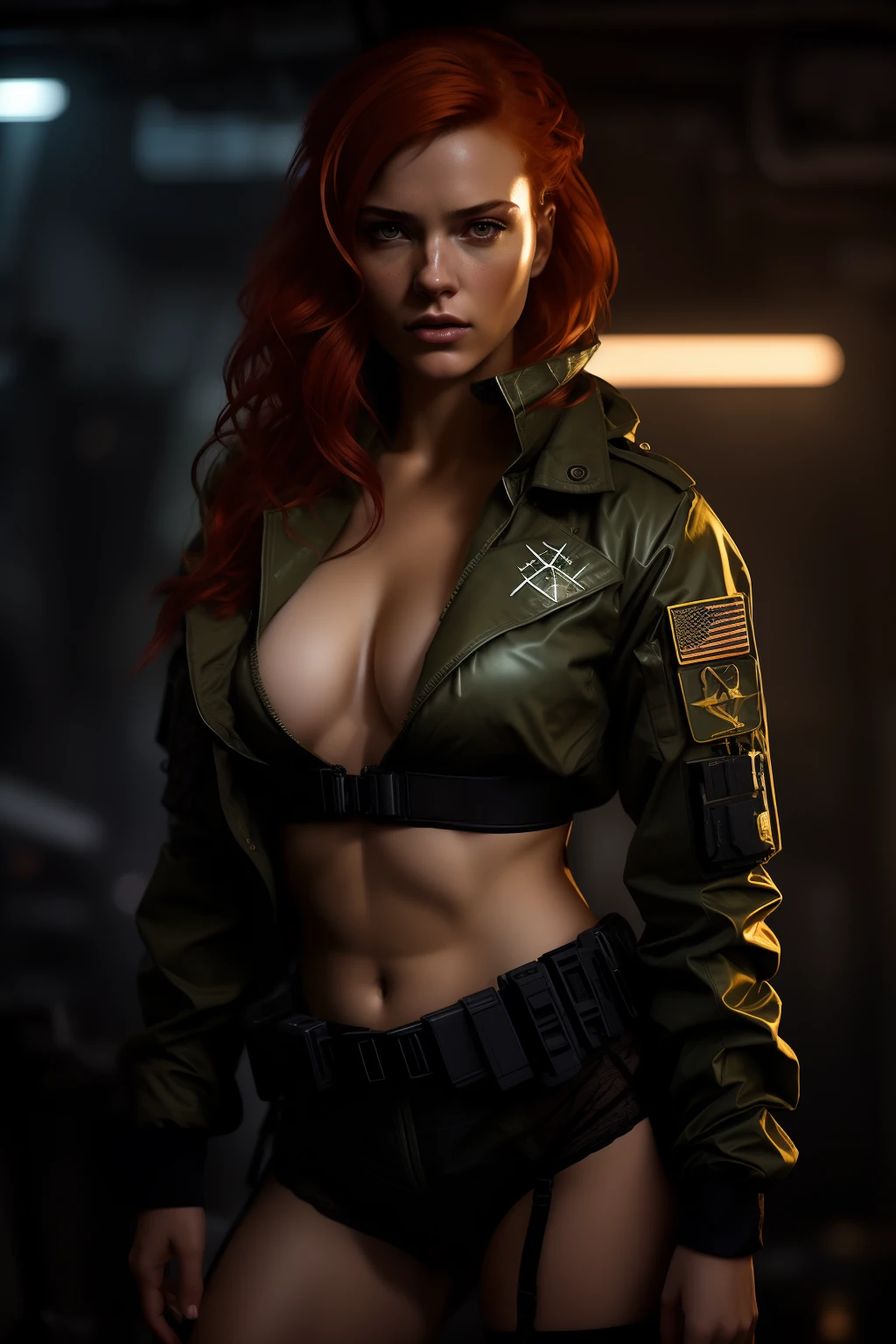 mj, cozy, close-up photo of a woman (with a rifle:1.2) in a dark room, redhead female cyberpunk, infantry girl, (unbuttoned military jacket, lingerie, sexy body, small natural breasts:1.2), female lead character, soldier girl, stunning character art, epic sci-fi character art, epic sci-fi character art, solo female character, beautiful female soldier, ready for combat, mechanized soldier girl, sci - fi character, cinematic lightning, rim light, wojtek fus, eve ventrue