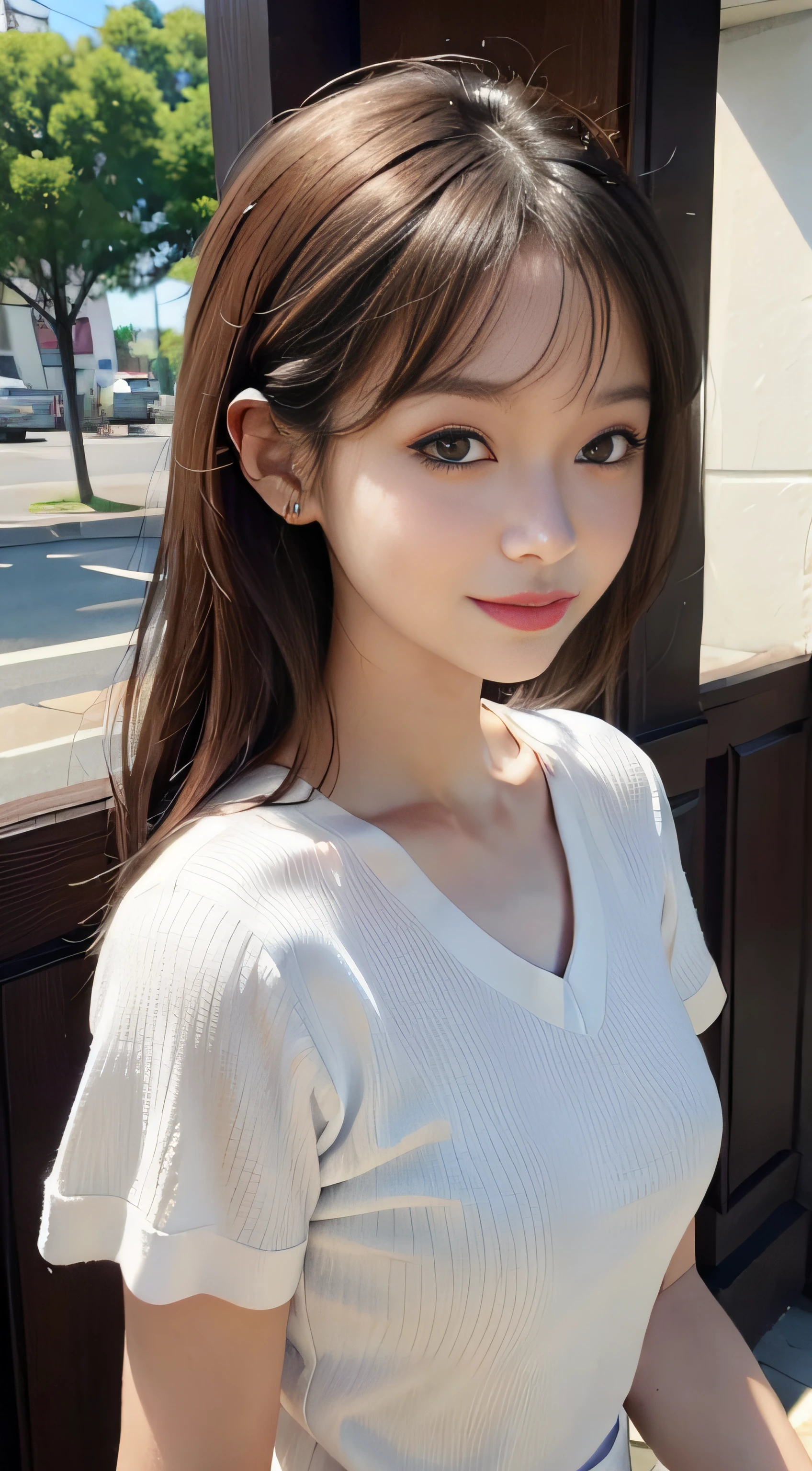 masterpiece、Top image quality:1.2、((beautiful young woman with))、Transparent skin:1.2、{A slight smil}、(kawaii)、Short sleeve knit、luxury hotel、depth of fields