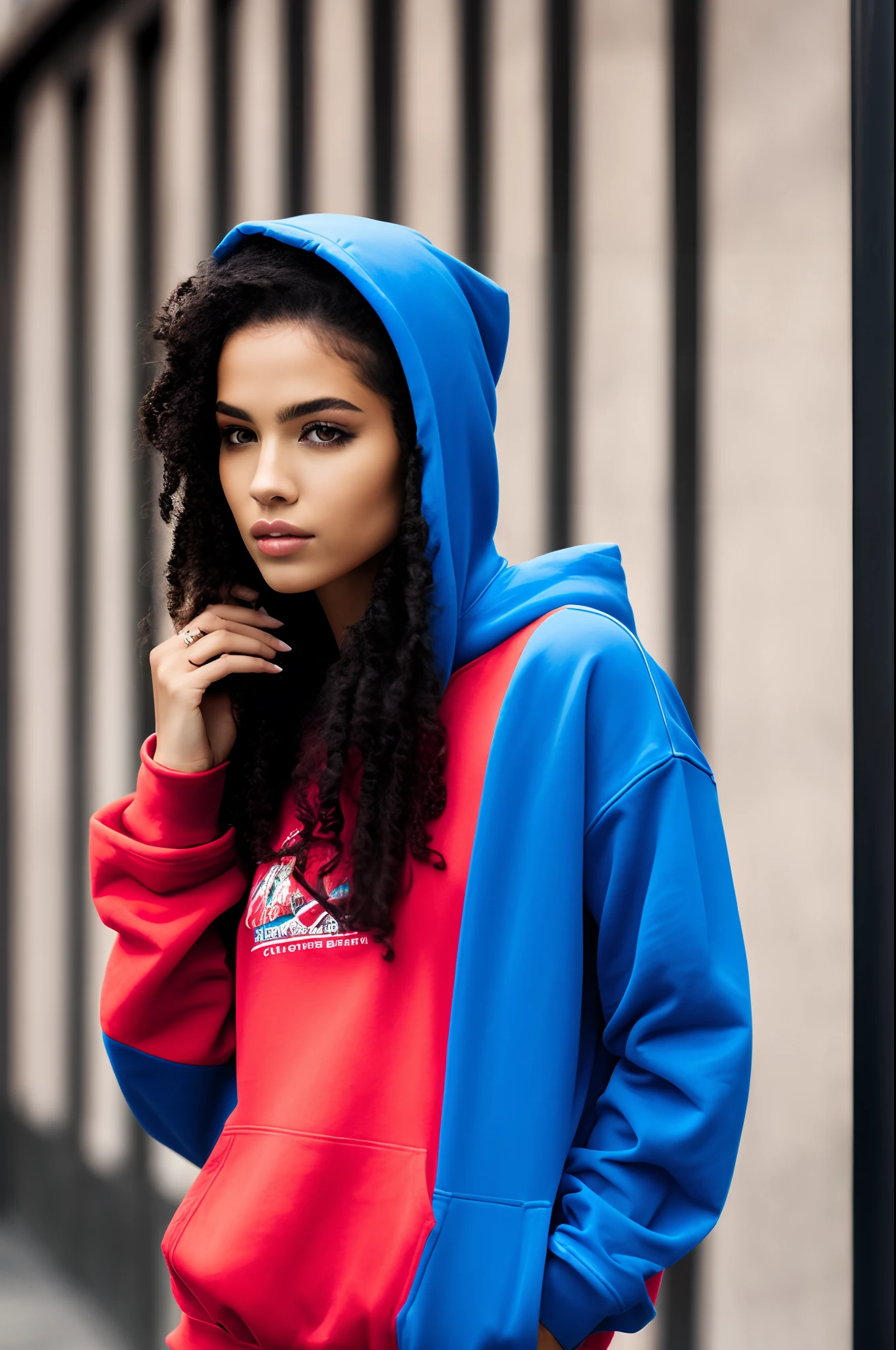 Blue haired woman, long messy curly hair, wearing red hoodie, model pose