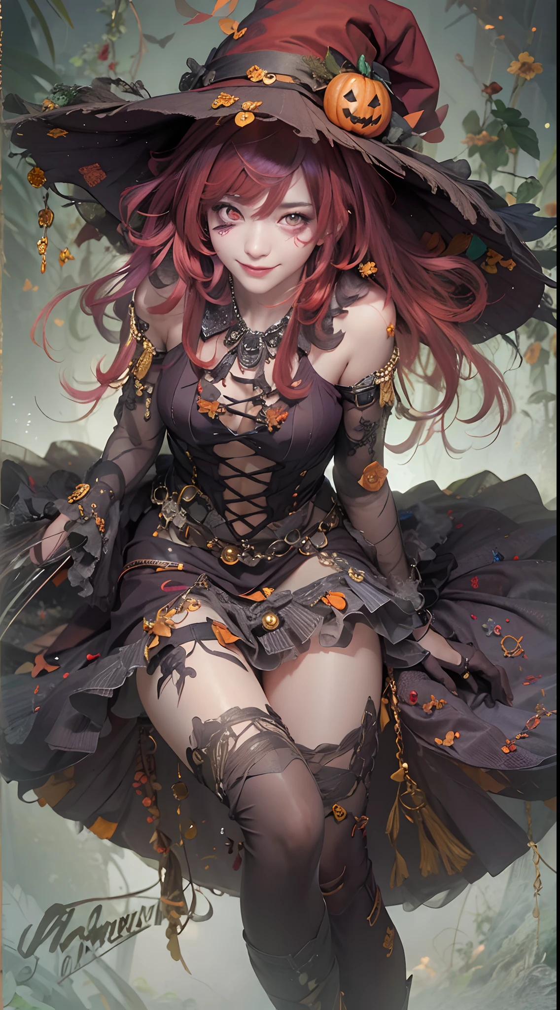 (masterpiece、top-quality:1.2)、独奏、ung Women、A smile、Look at viewers、(Nail Pose:1.1)、Short red hair、Pointed hat、Brown-eyed、Naked bandage、natta、Halloween、zombie、zombe、Random Halloween Cosplay、Little sexy dresses