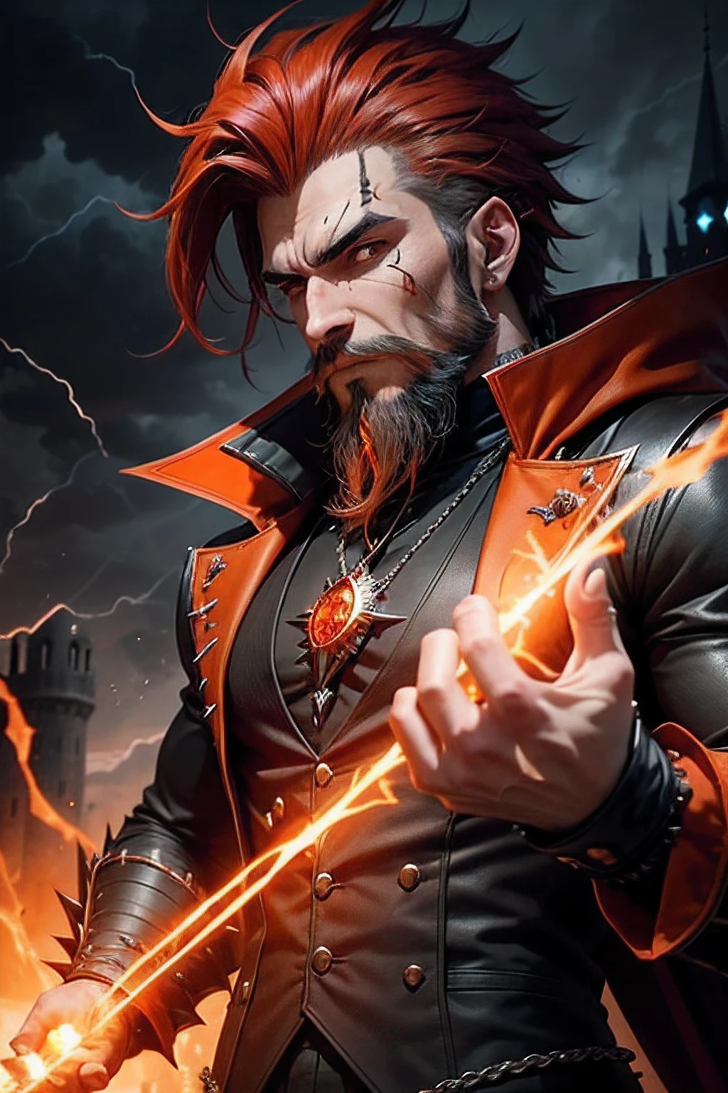 best quality, masterpiece, (1man, muscular adult  male:1.2),  teal eyes, copper hair, mutton chops,  Style-GravityMagic,  solo,  upper body, looking away, detailed background, detailed face, (<lora:UltraBlackholeTech:0.6>,    ulblackholetech theme:1.1) vampire, piercing gaze, bloodthirsty, pale skin, vampire fangs, flowing vampire clothes,  cape,  pendant, movement,    supernatural abilities, otherworldly aura, red glow,   ruins in background, red moon,  dark night, contrast, mist,  eerie atmosphere,