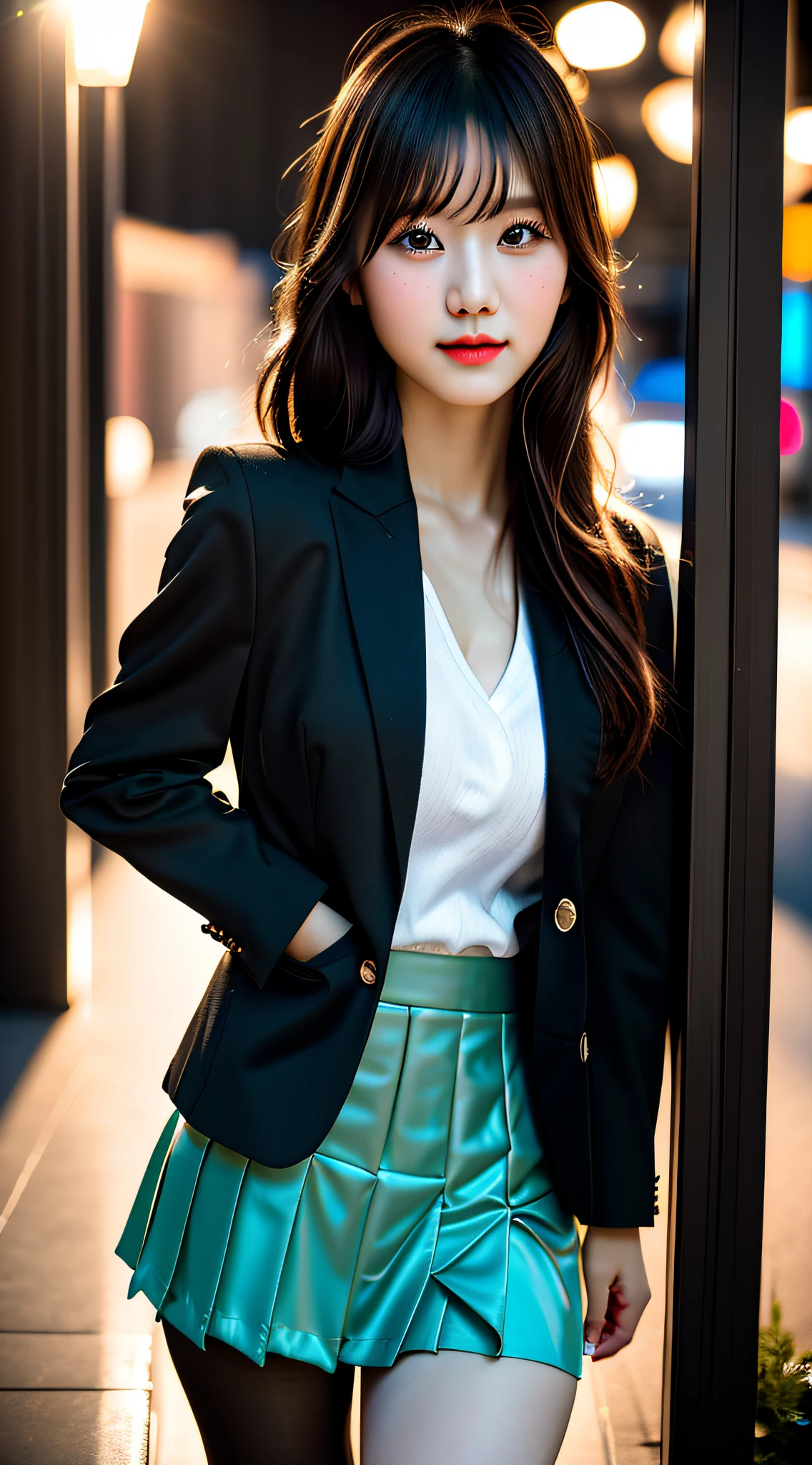 best quality, masterpiece, 1girl, Beautiful face, (photo realistic:1.3), rim lighting, (high detailed skin:1.2), 8k uhd, dslr, high quality, high resolution, 4k, 8k, Bokeh, absurdres, best ratio four finger and one thumb, (realistic:1.3), cute 1girl, wearing black formal blazer, medium breasts, short skirt,