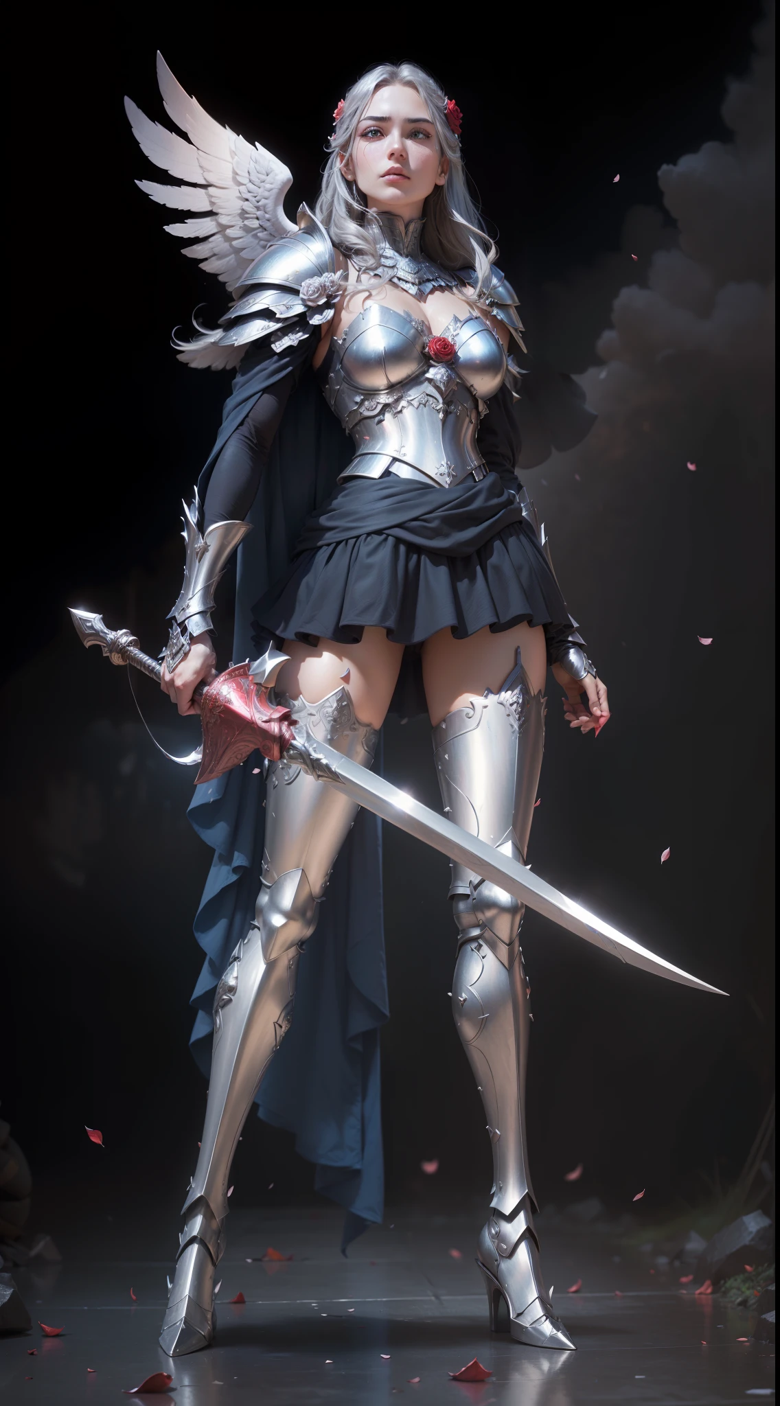 ((Armed with an oversized and heavy scepter)), (Picturesque heavy silver armor), Extra thick helmet,There are small wings on both sides, (Wrap around the whole body), ((Red cover)), ((Beautiful six-winged battle angel woman)), pretty face, ((half turtle)), ((grieves)), (Thick clouds at his feet))), (((Rose petals on the rise))), stereoscopic perspective, Works of masters, (((detail in face)), ultradetailed, 16K resolution, high high quality, Cinema lighting, High image detail, Dynamic perspective, (depth of fields), A detailed, Epic shots